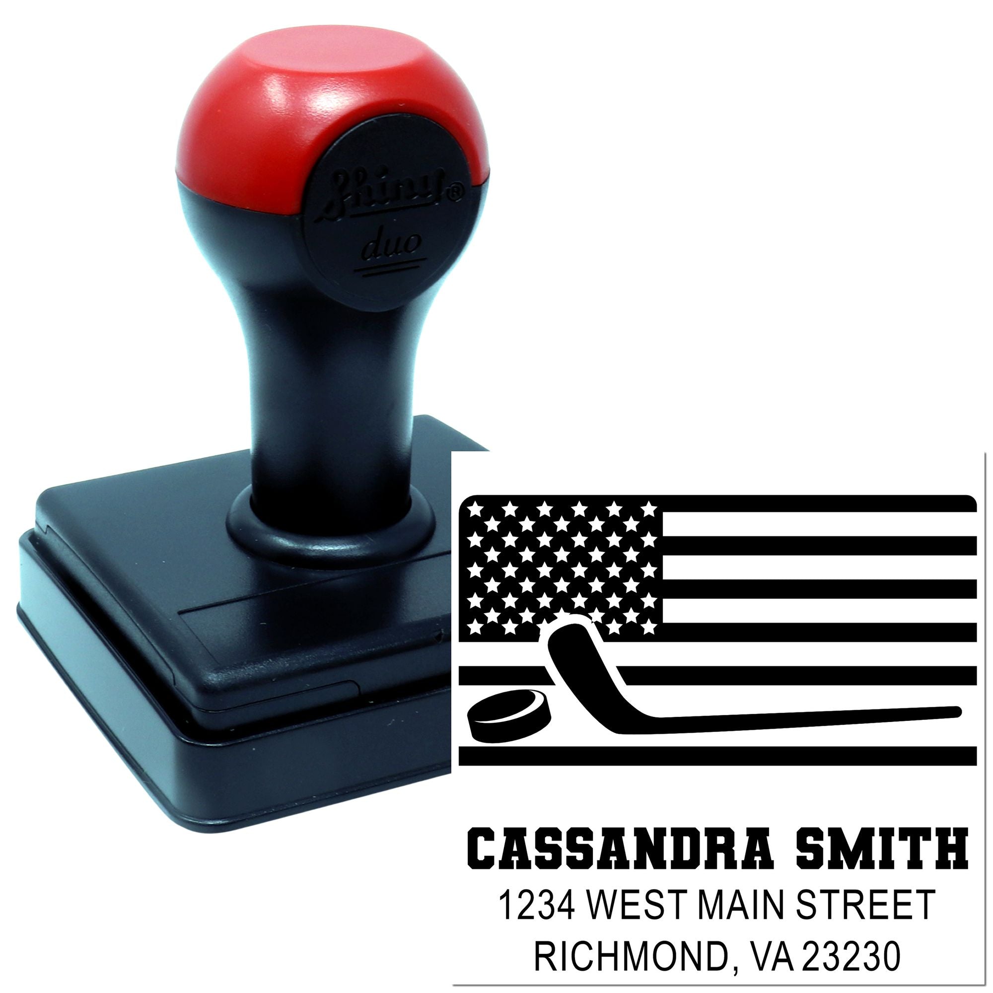 Custom self-inking return address rubber stamp with patriotic USA flag design and name/address imprint for mailing.