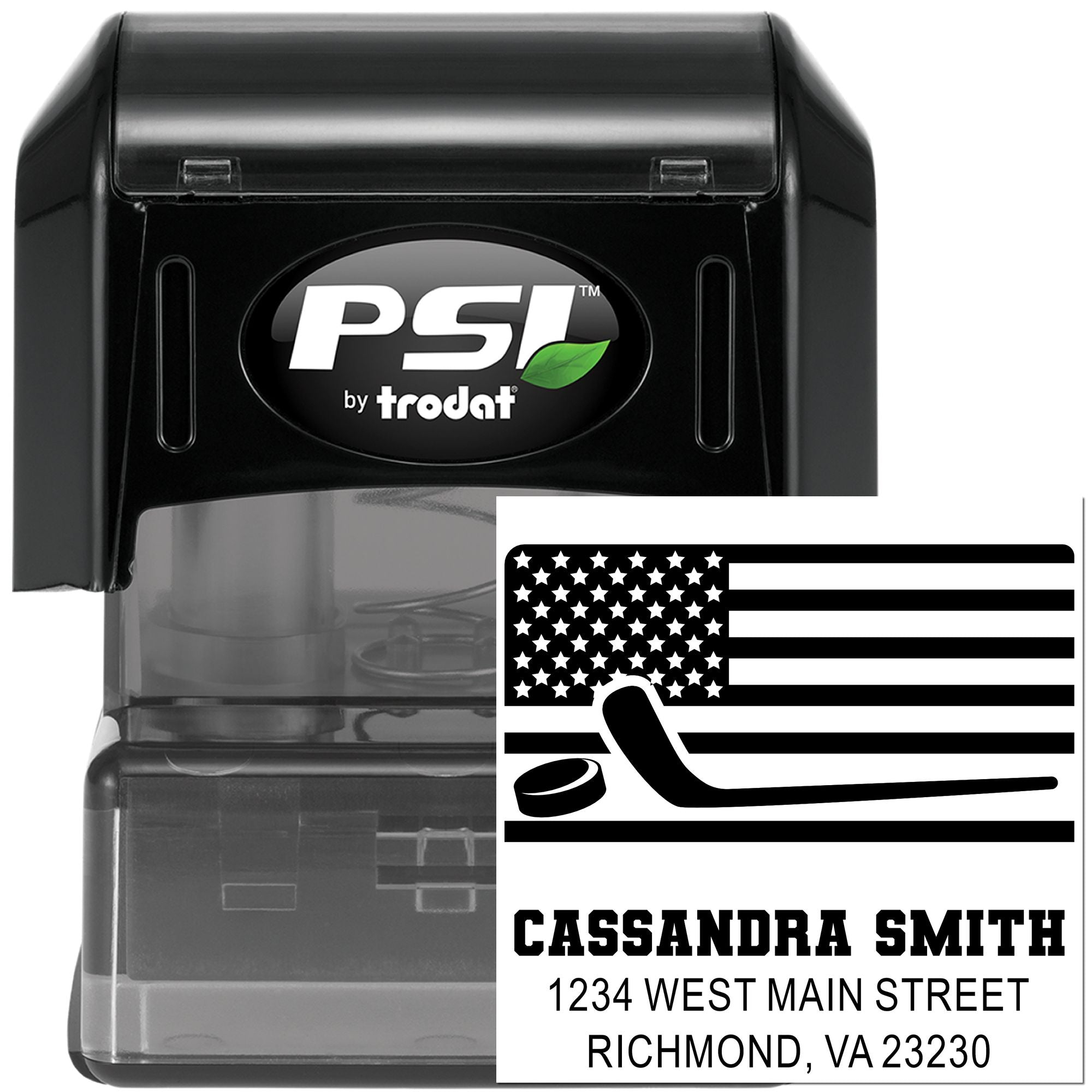 Custom self-inking address stamp by PSI Trodat with hockey U.S. flag design and return address.