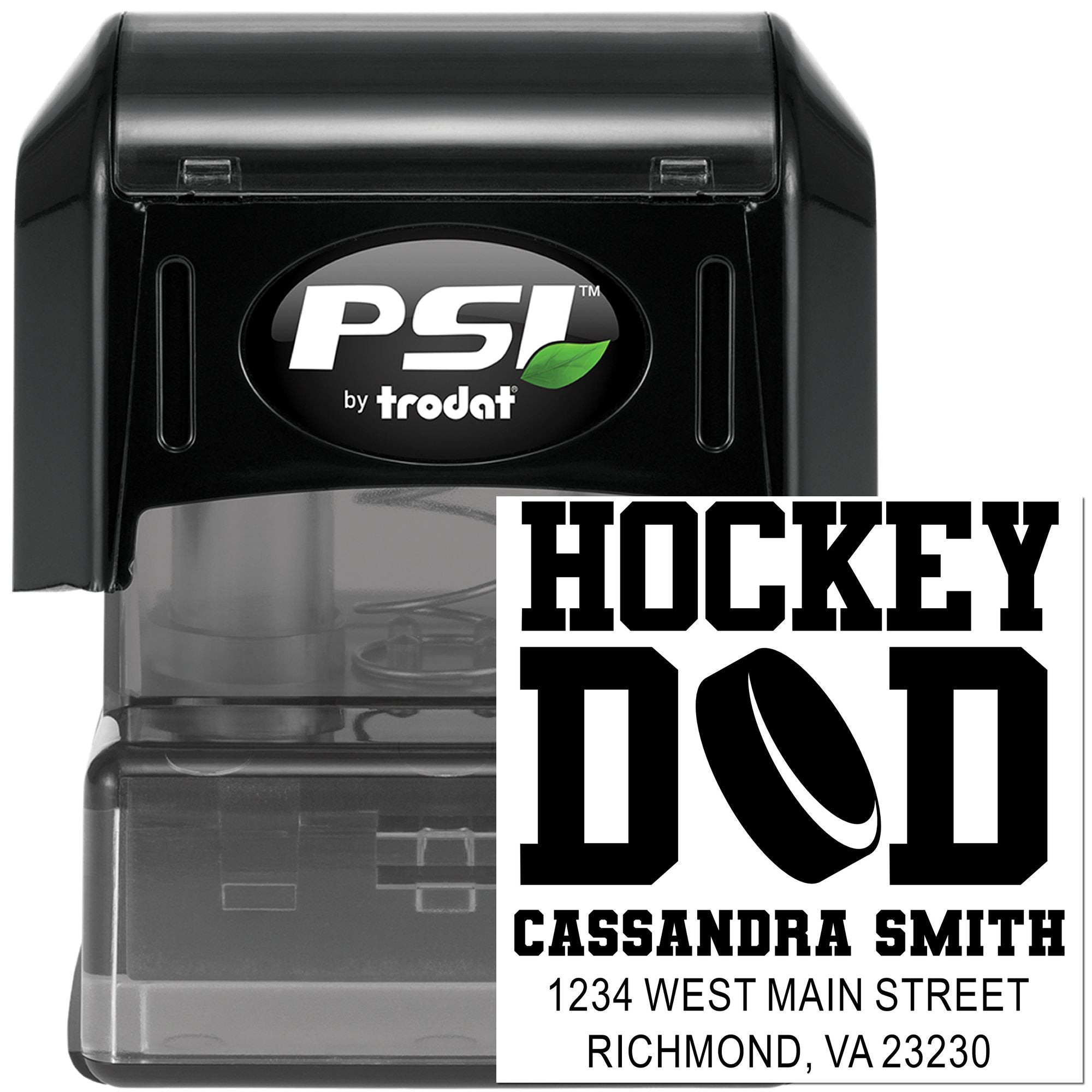 Custom hockey return address stamp by PSI Trodat for personalized mailing, featuring name, address, and sports-themed design.