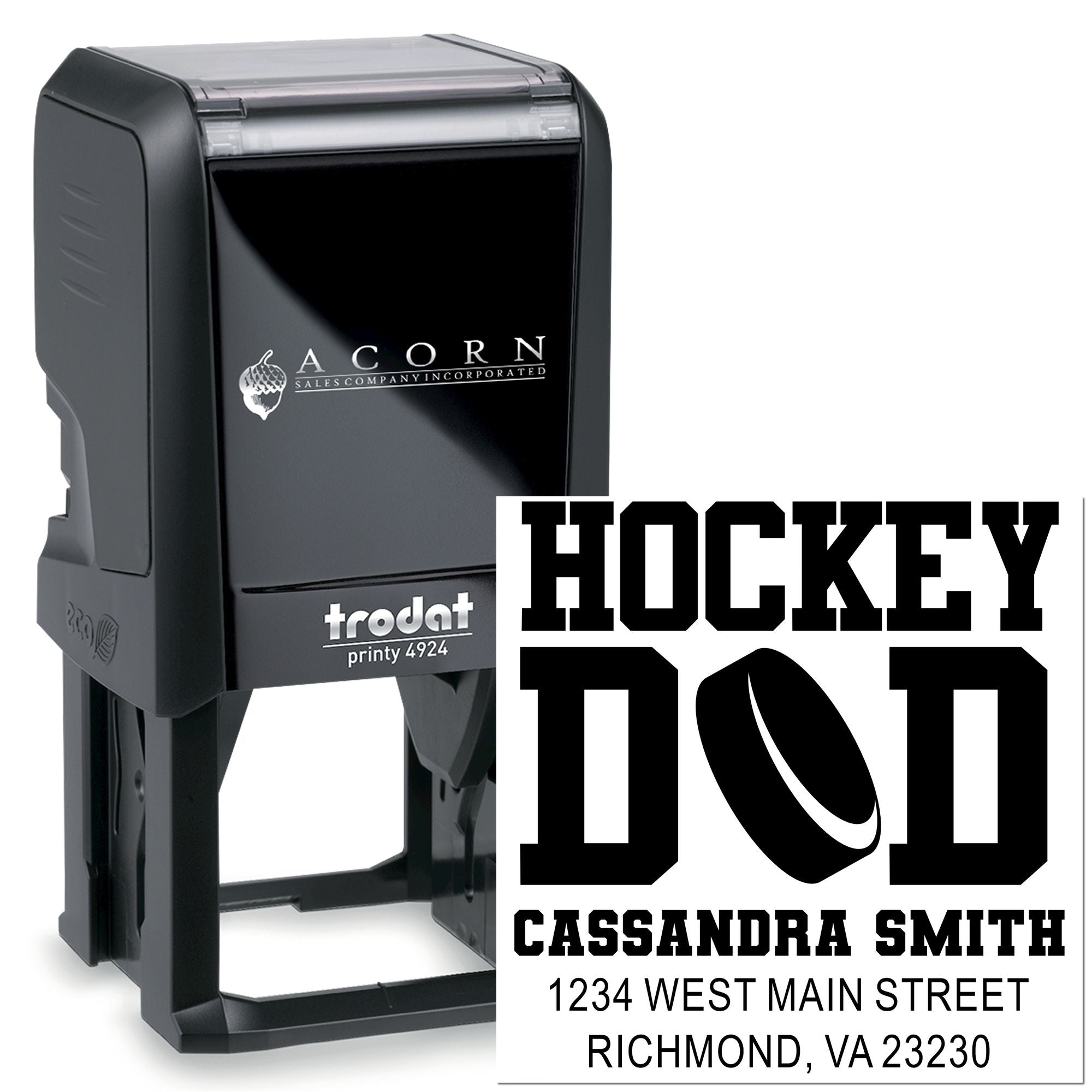 Custom hockey dad self-inking rubber stamp with name and address for personalized mailing and team-themed crafts