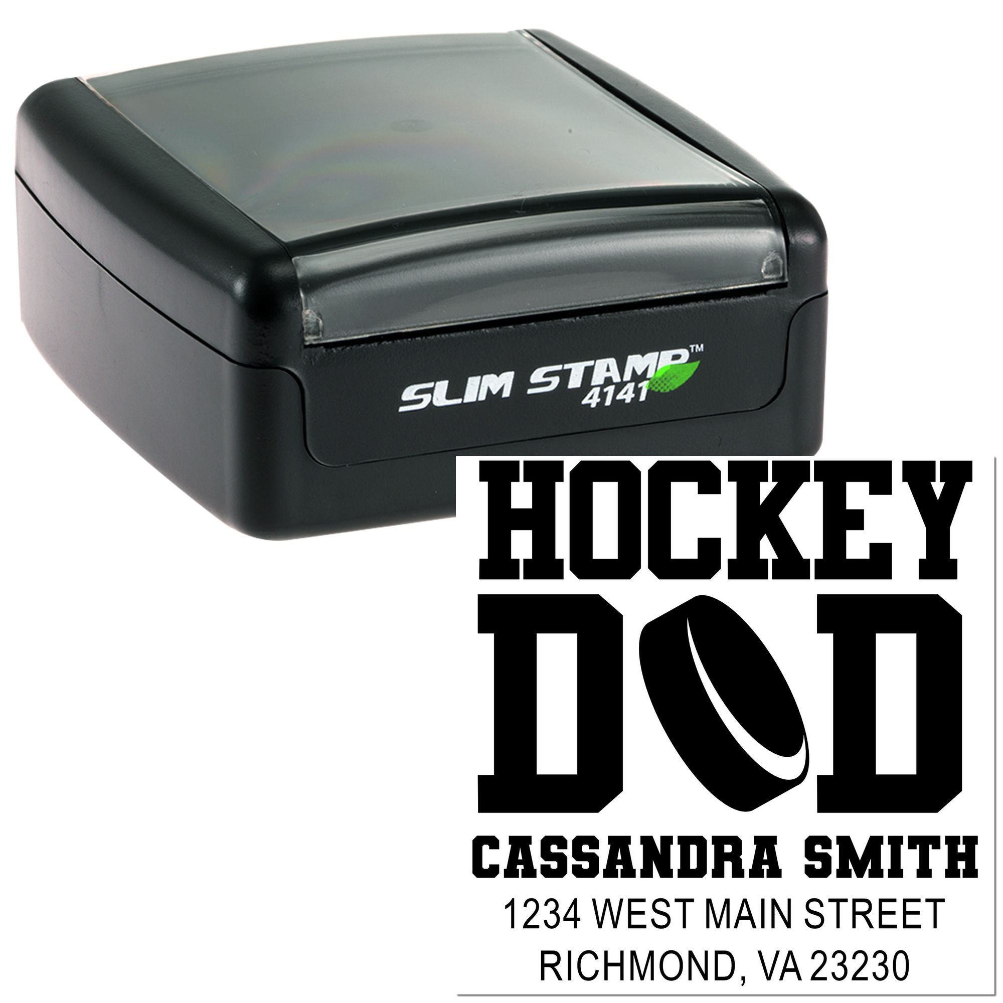 Custom hockey dad self-inking rubber address stamp with name and mailing address for personalized envelopes and gifts.