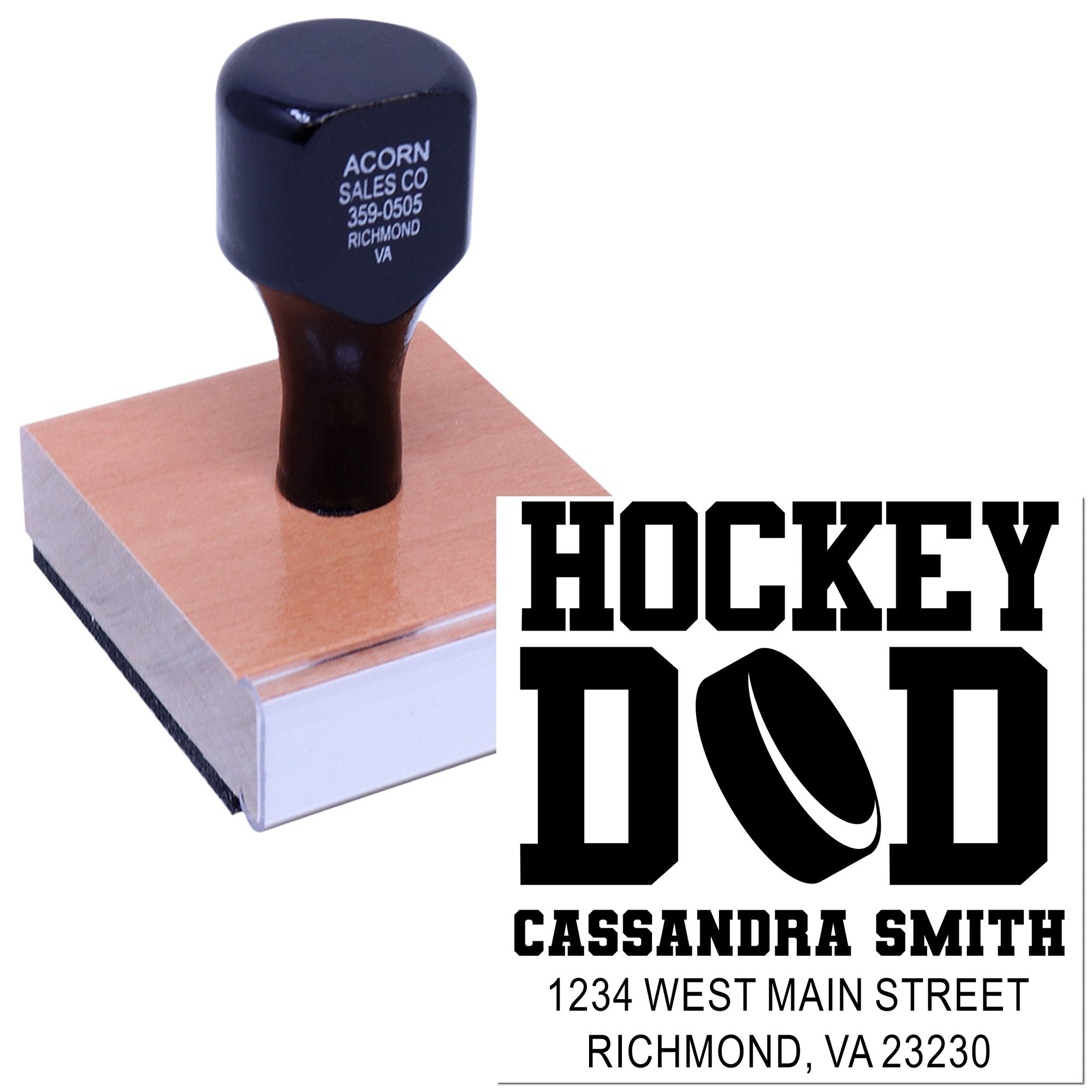Custom Hockey Dad rubber stamp with personalized name and address for hockey-themed mail and packaging