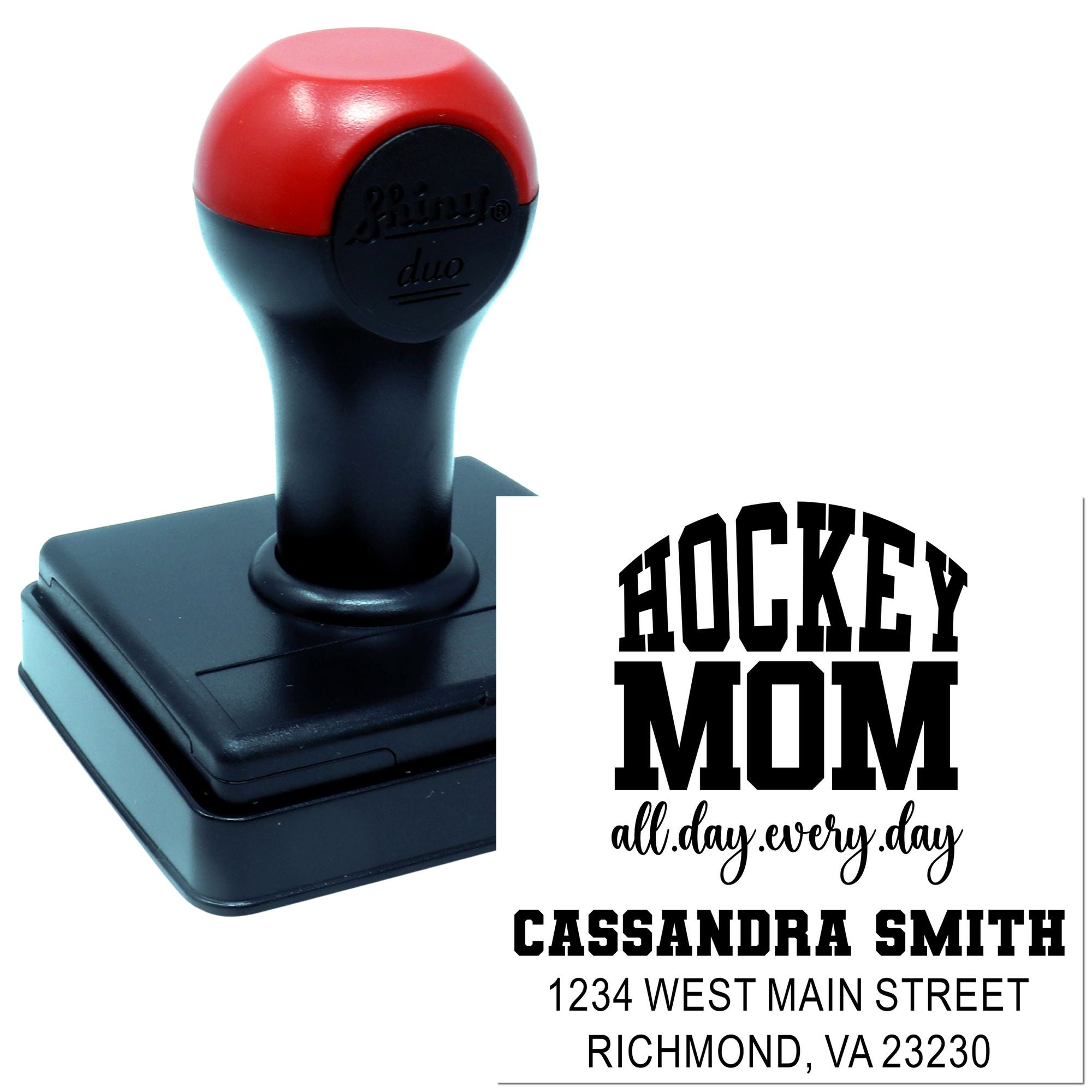 Personalized self-inking rubber stamp for Hockey Mom with Cassandra Smith name and Richmond, VA address.