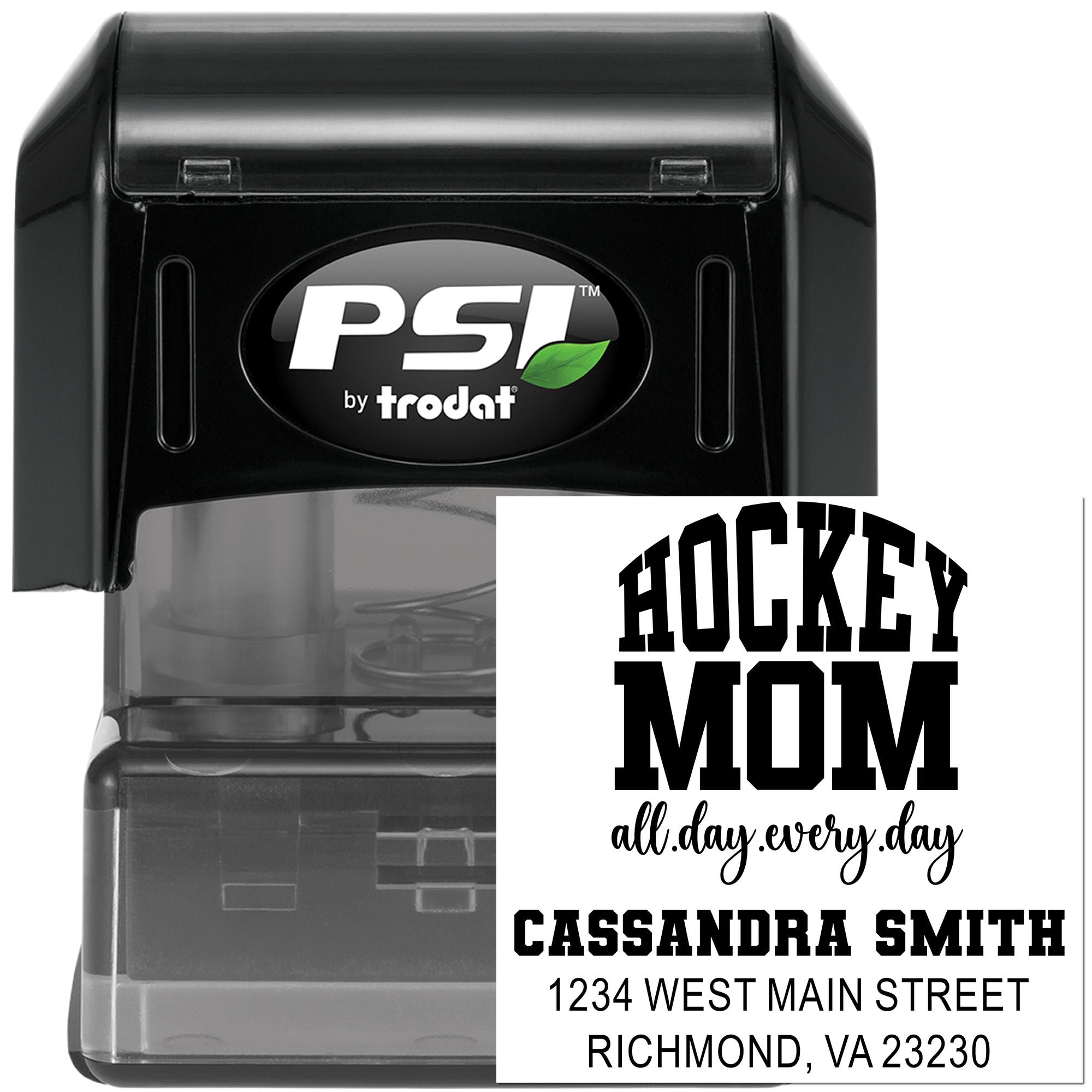 PSI by Trodat self-inking rubber stamp with custom hockey mom return address design for personalized mailing.