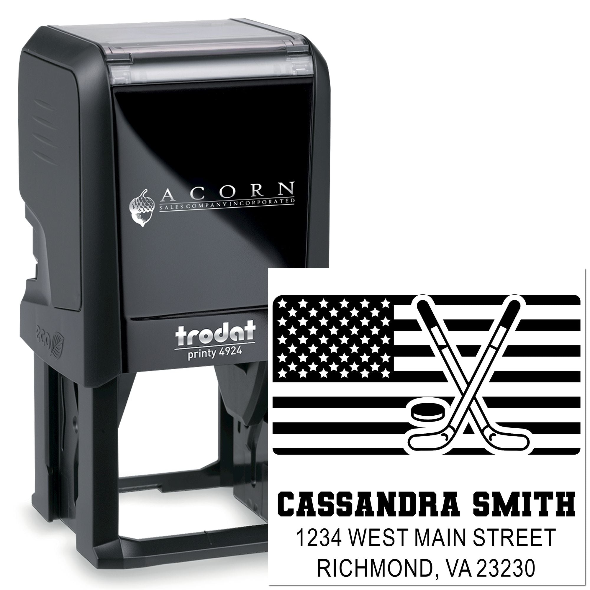 Custom return address rubber stamp with hockey logo and Trodat self-inking stamp for Cassandra Smith.