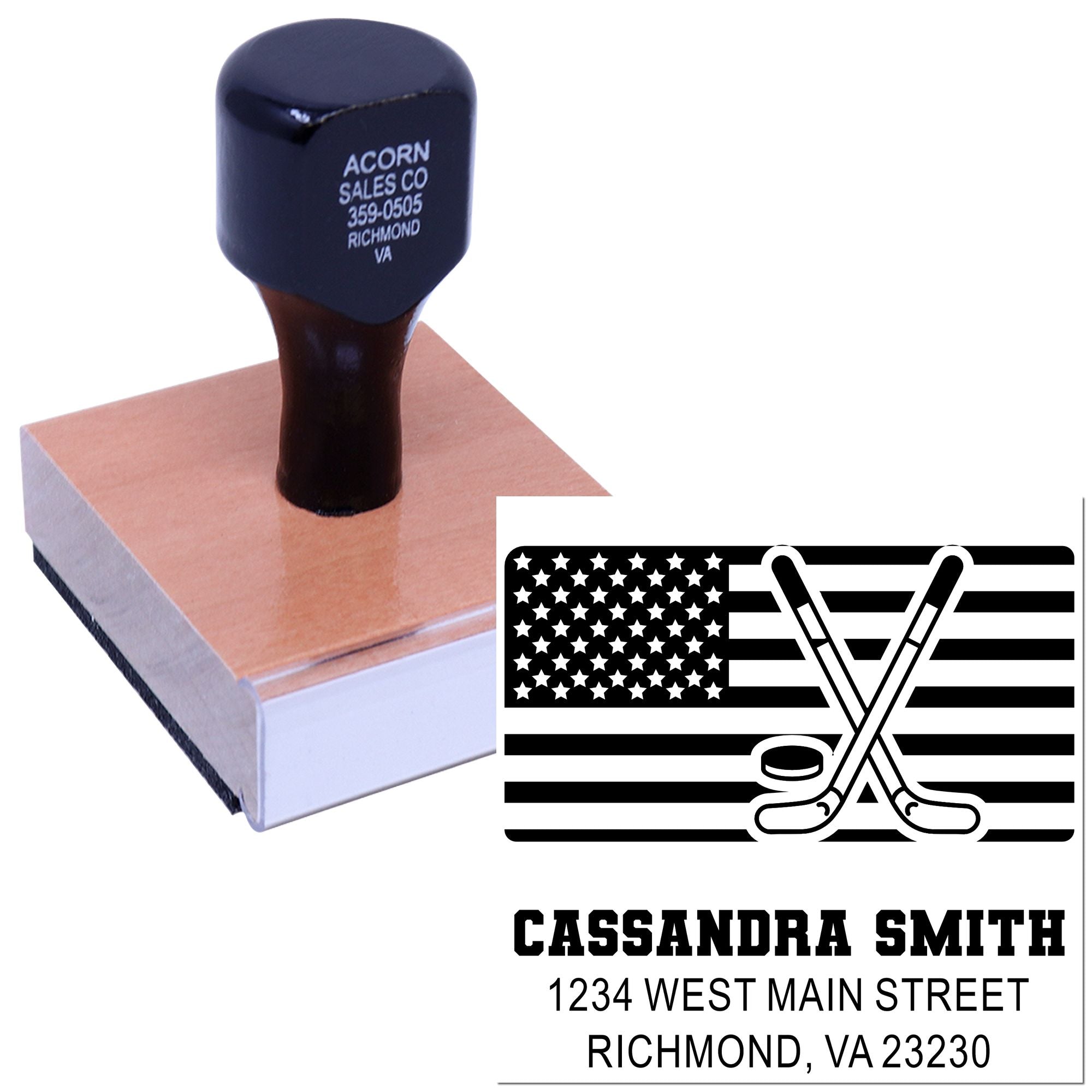Custom rubber stamp with patriotic hockey logo and return address for Cassandra Smith, perfect for envelopes and stationery.