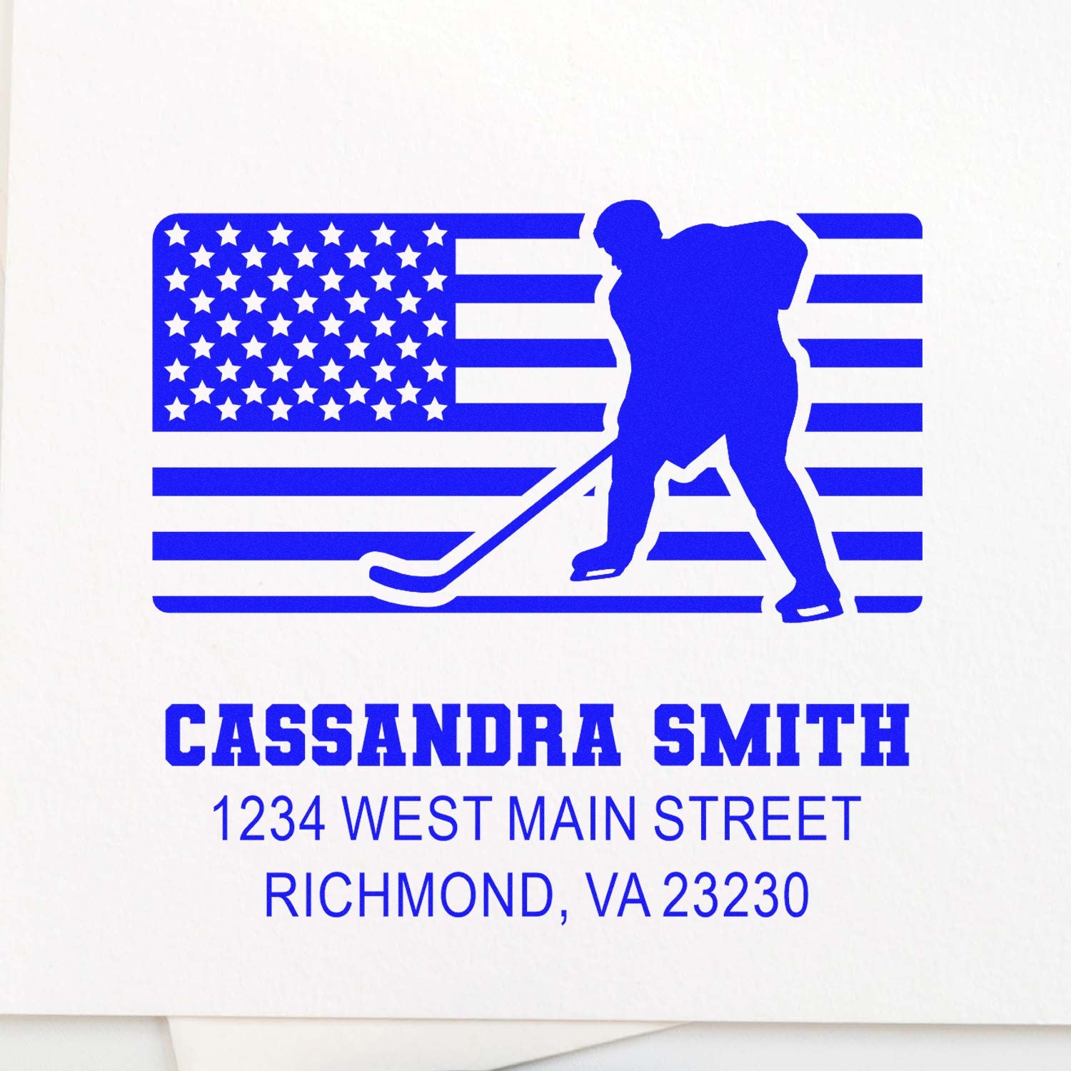 Personalized hockey rubber stamp with American flag, custom return address for Cassandra Smith in Richmond, VA.