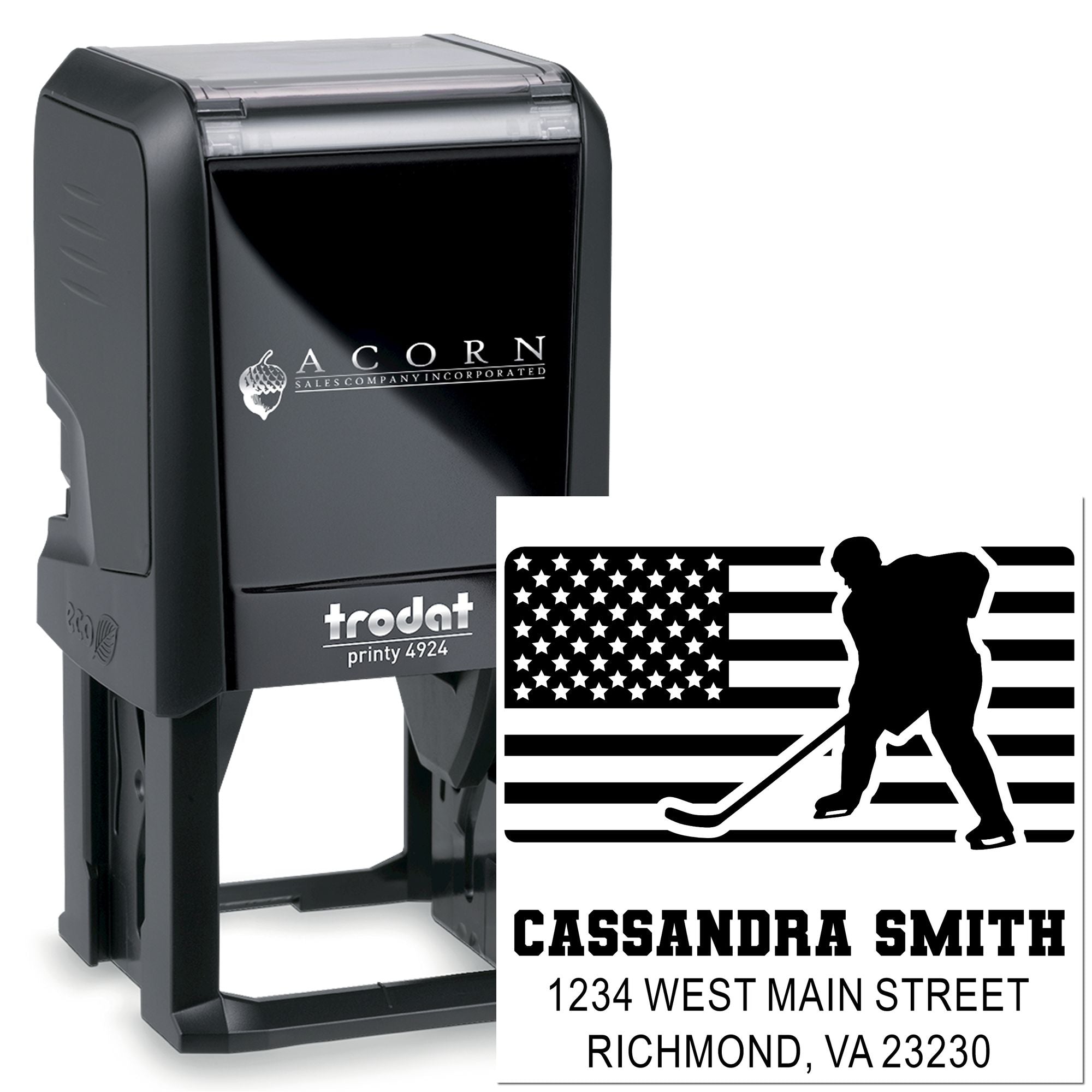 Custom self-inking rubber stamp with hockey player logo and address, Trodat Printy 4924 for business branding.