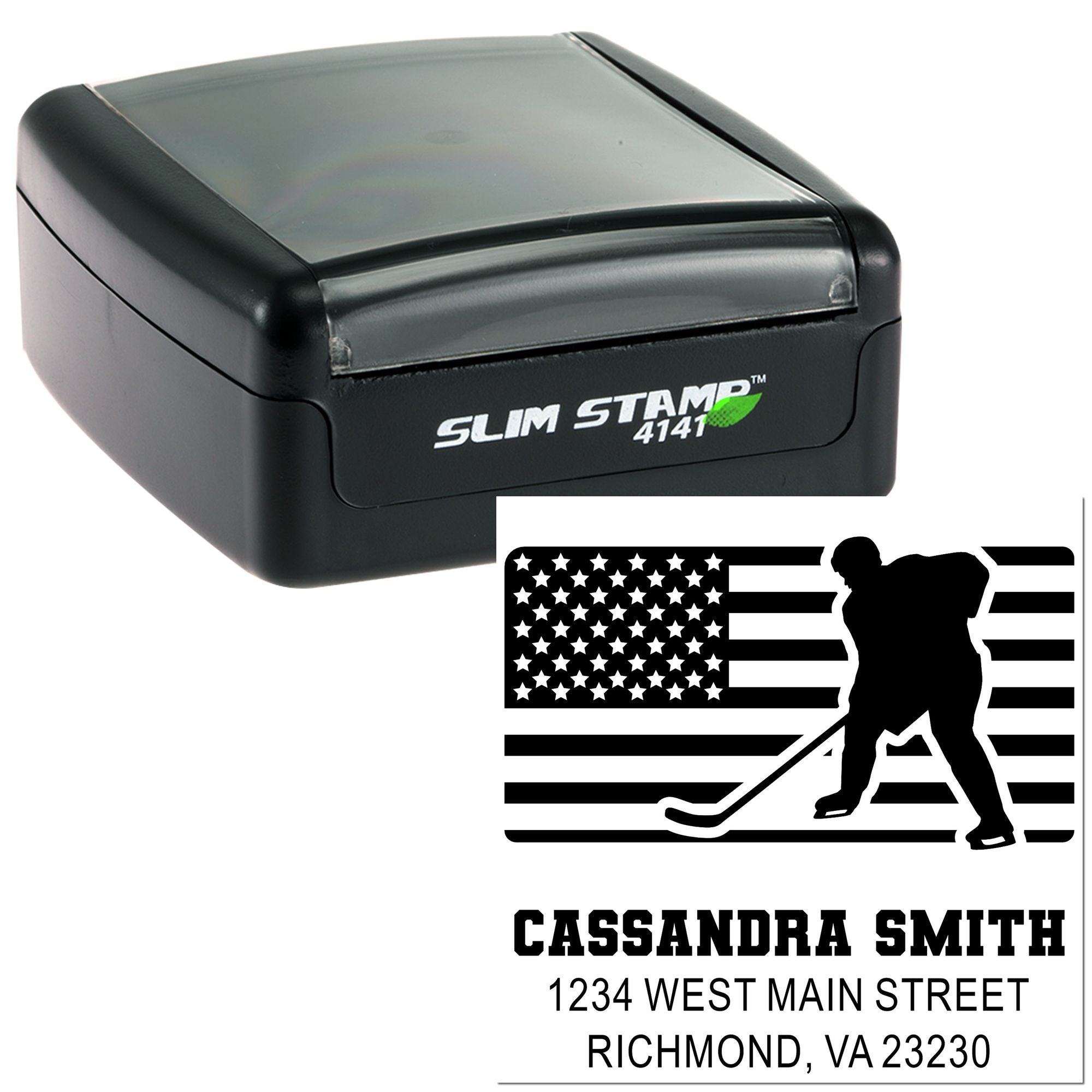 Custom self-inking rubber stamp with hockey player and U.S. flag return address design for mailing envelopes.