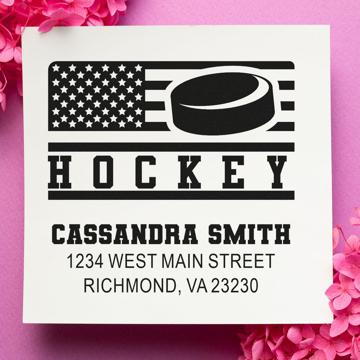 Custom hockey return address rubber stamp with American flag design, personalized name, and address.