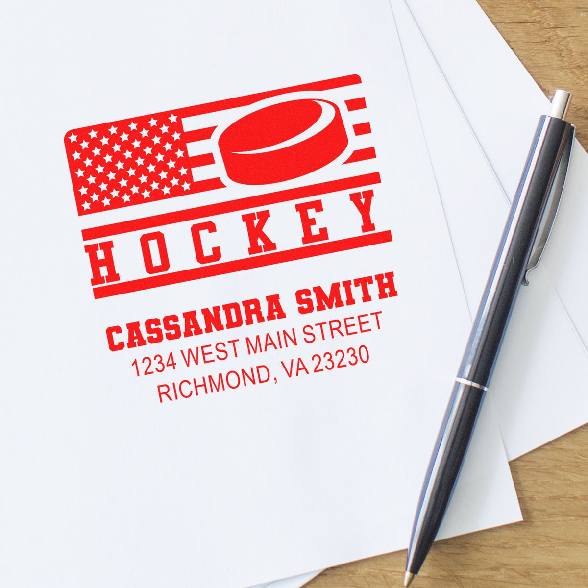 Custom hockey rubber stamp with American flag design, name, and return address for personalized mailings