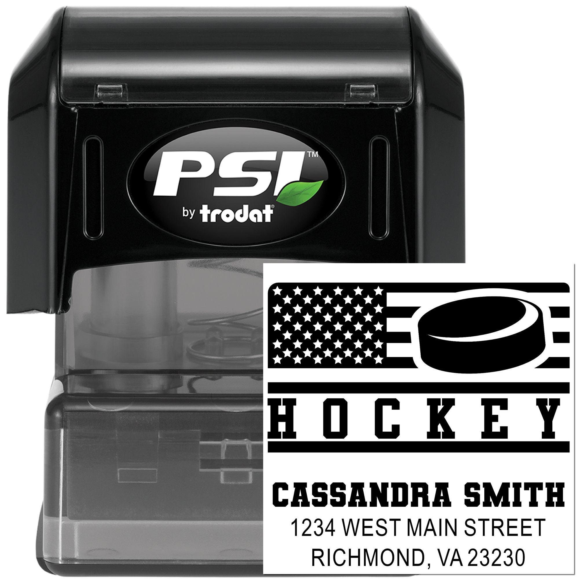 PSI by Trodat personalized hockey self-inking rubber stamp with name, address, and sports logo for custom mailings.