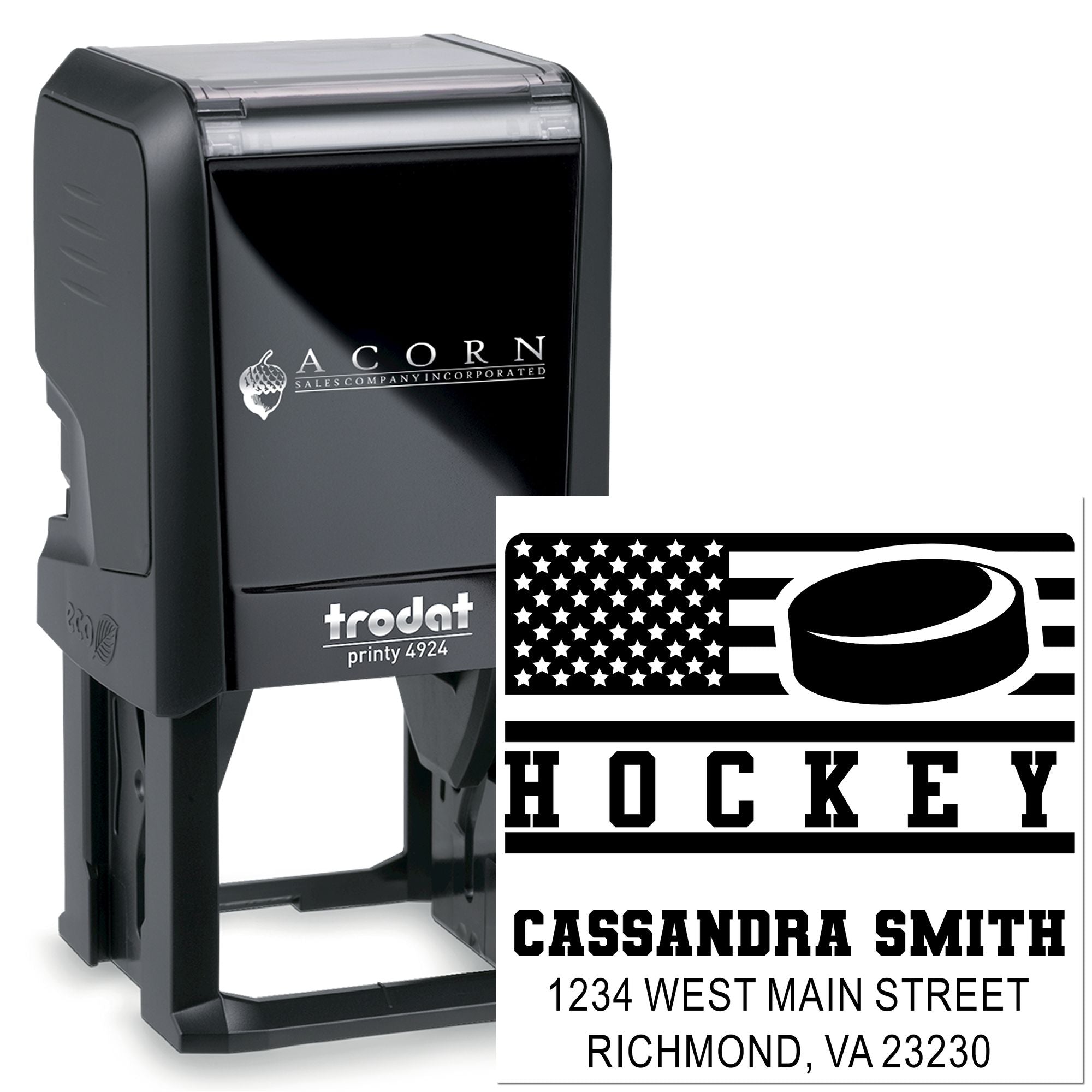 Custom self-inking Trodat Printy 4924 rubber stamp with hockey design, name, and address for personalized mailing and branding.
