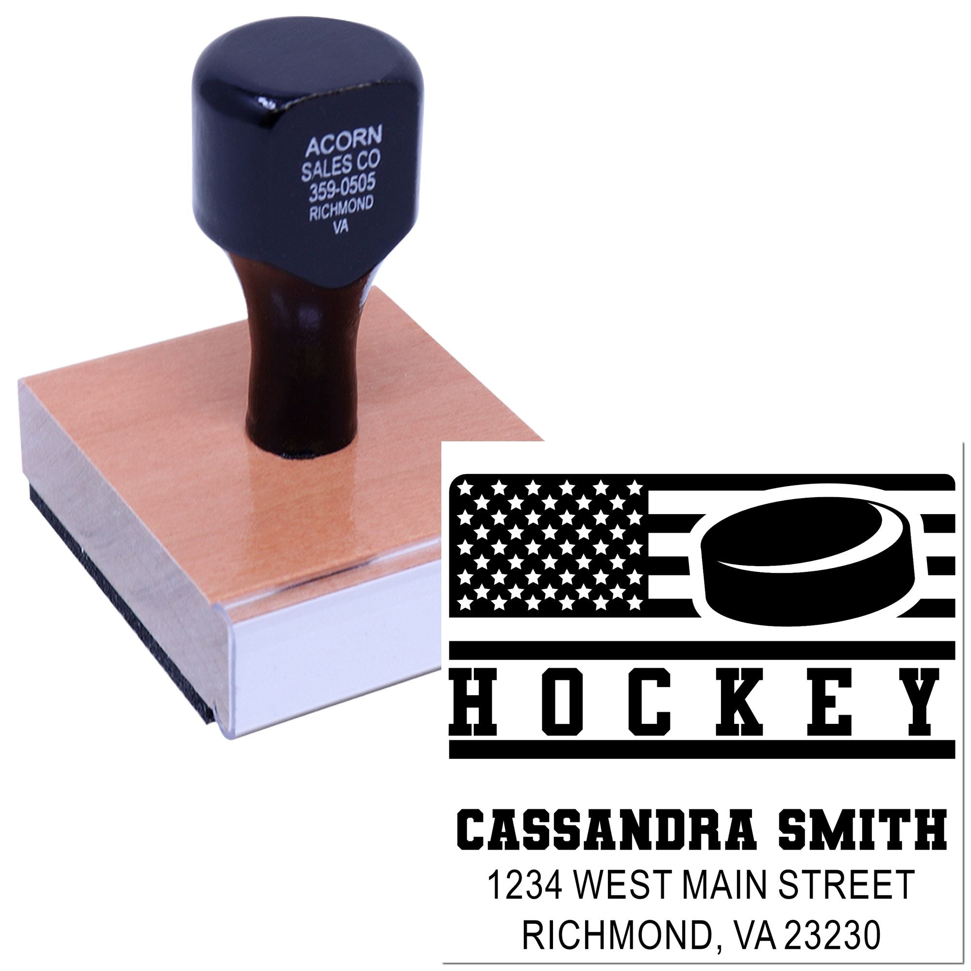 Custom hockey address rubber stamp for Cassandra Smith, Richmond, VA mailing labels