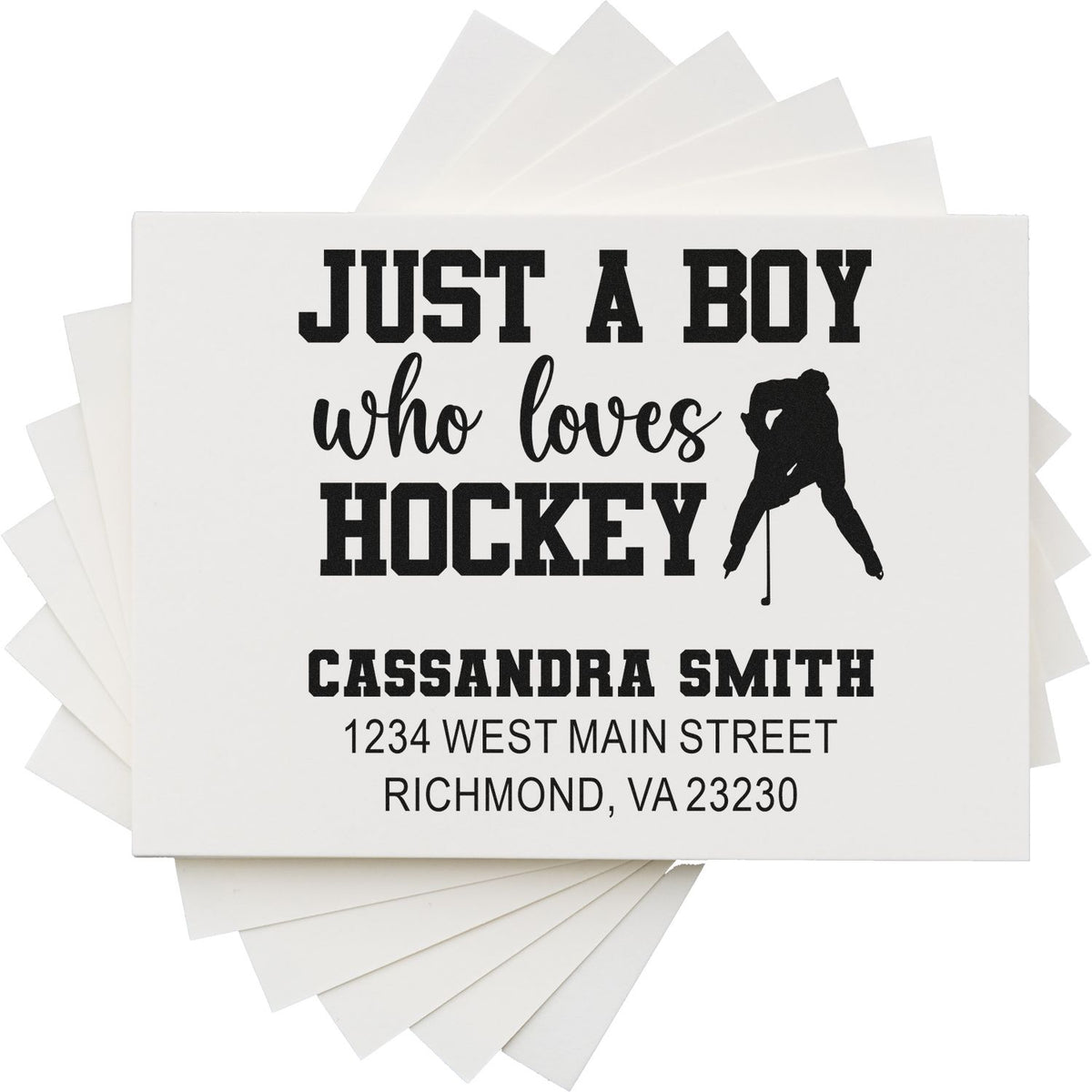 Custom rubber stamp design for a boy who loves hockey, personalized with name and address and a hockey player silhouette.