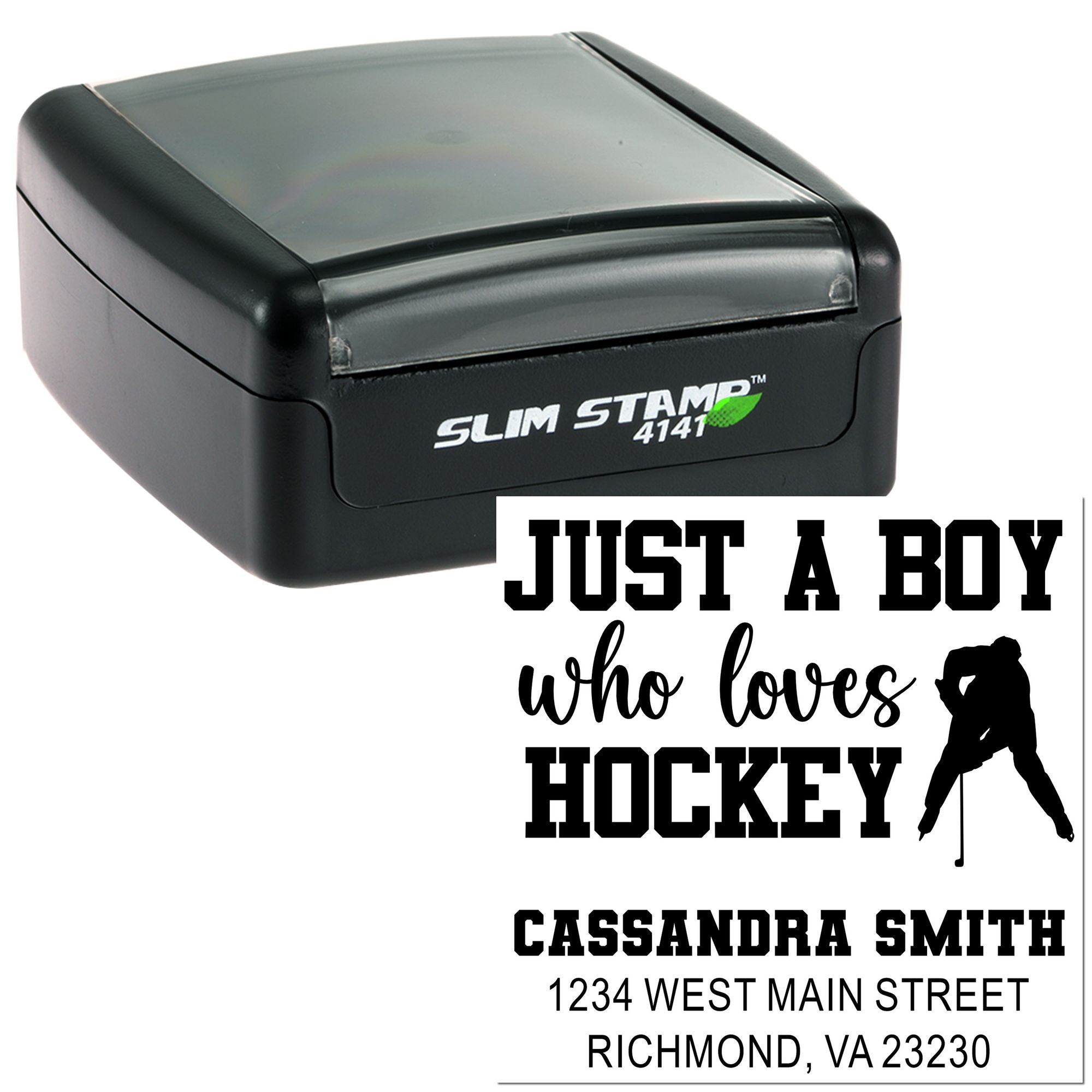 Slim Stamp 4141 self-inking hockey rubber stamp with custom name, address, and Just a boy who loves hockey design.