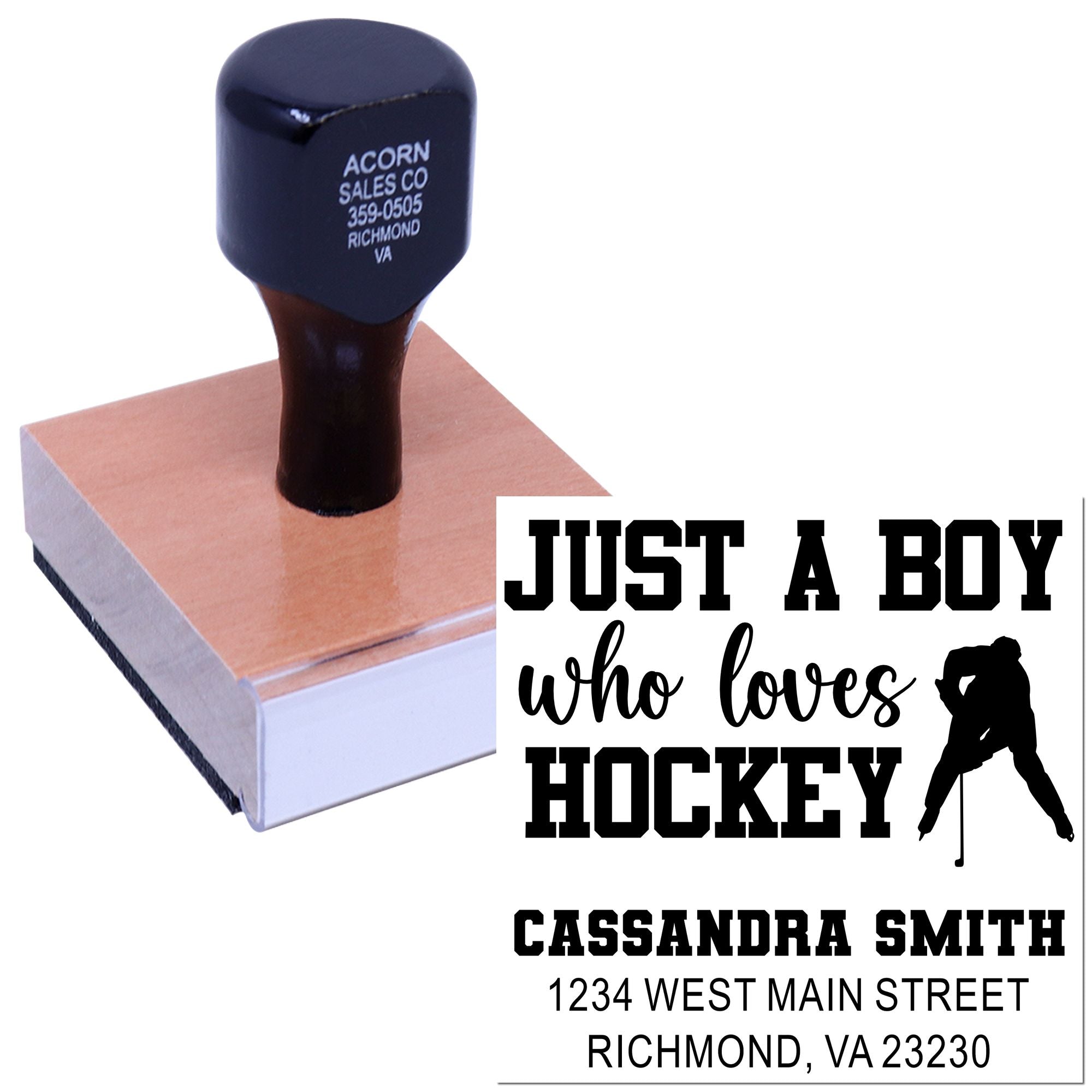 Custom hockey rubber stamp with personalized name and address for boys who love hockey.