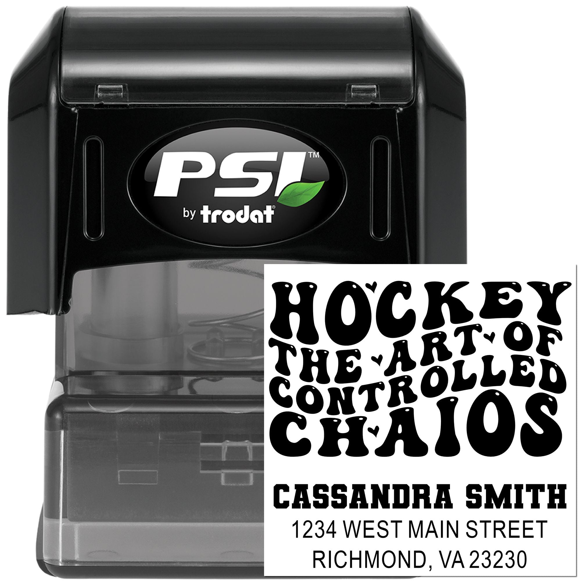 PSI by Trodat custom self-inking rubber stamp with hockey-themed name and address imprint sample.