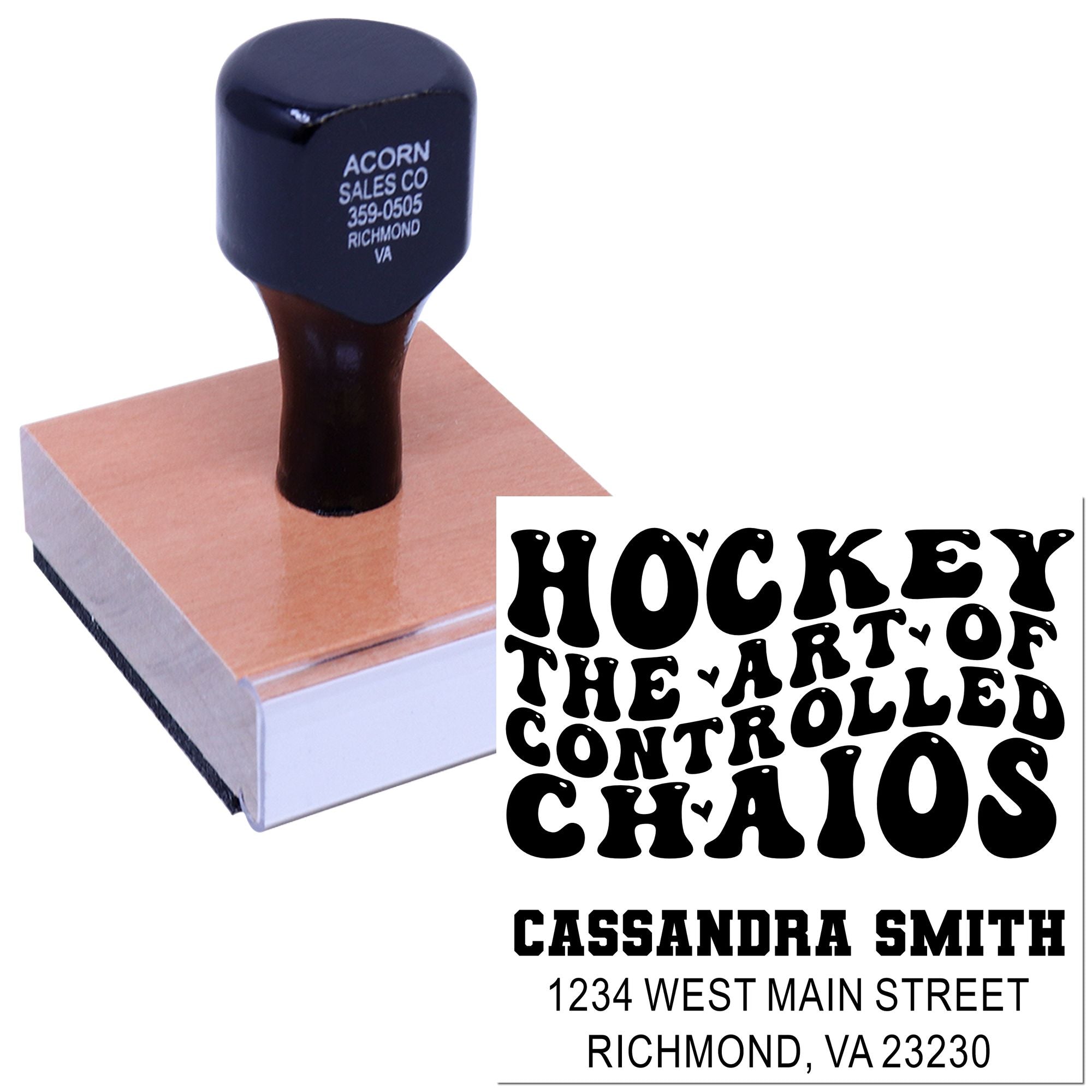 Custom rubber stamp with business name, logo, and address imprint for branding, labeling, and mail use.