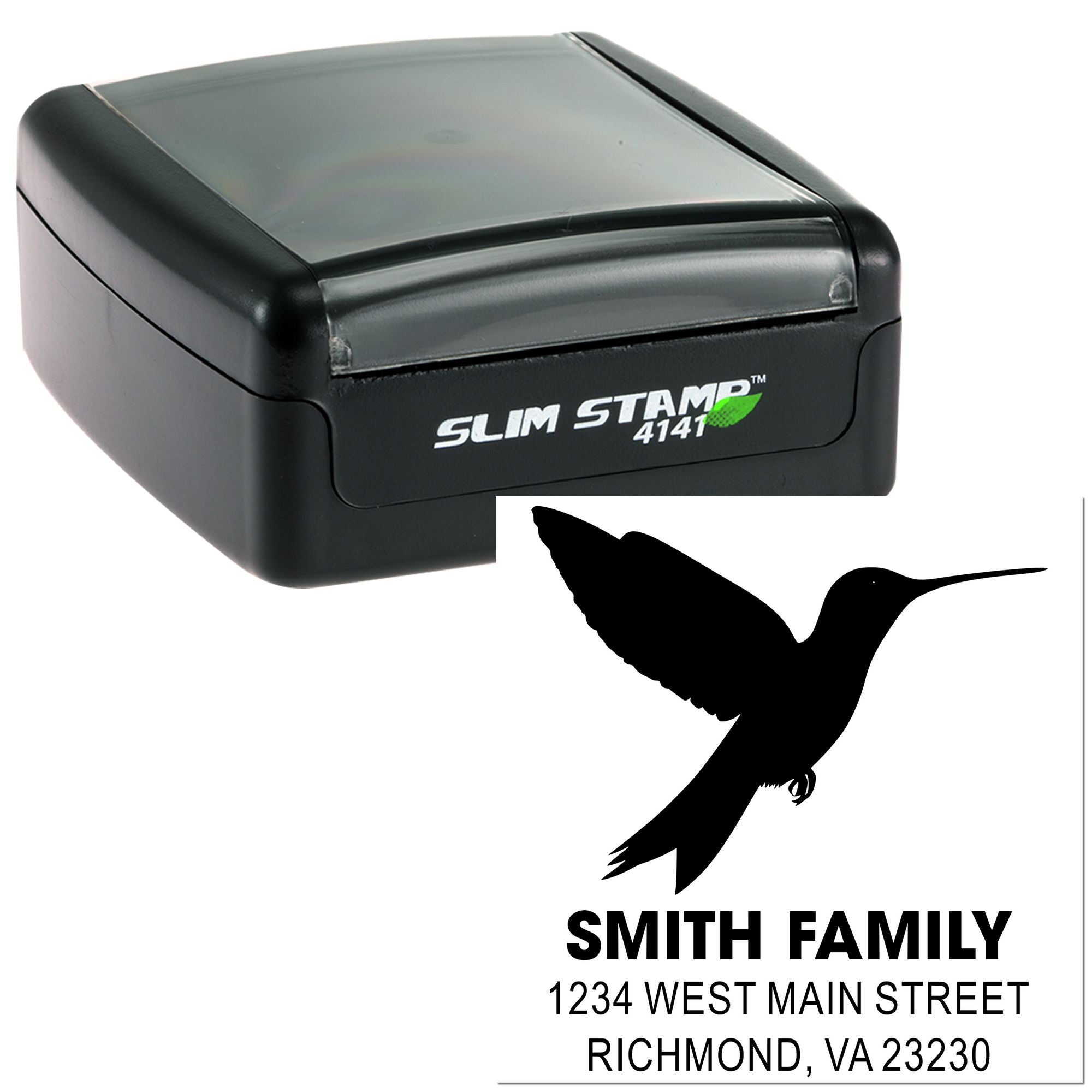 Custom self-inking return address rubber stamp with hummingbird logo for Smith Family mailings.
