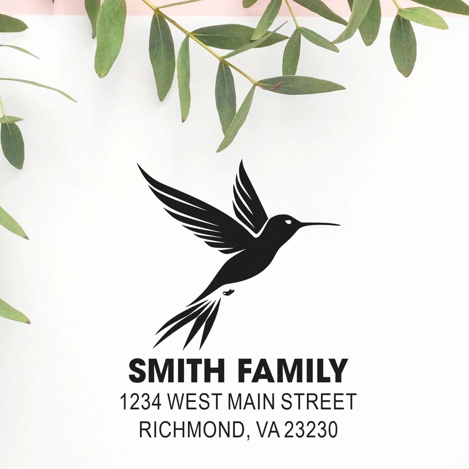 Custom hummingbird return address rubber stamp for Smith Family, 1234 West Main Street, Richmond, VA 23230