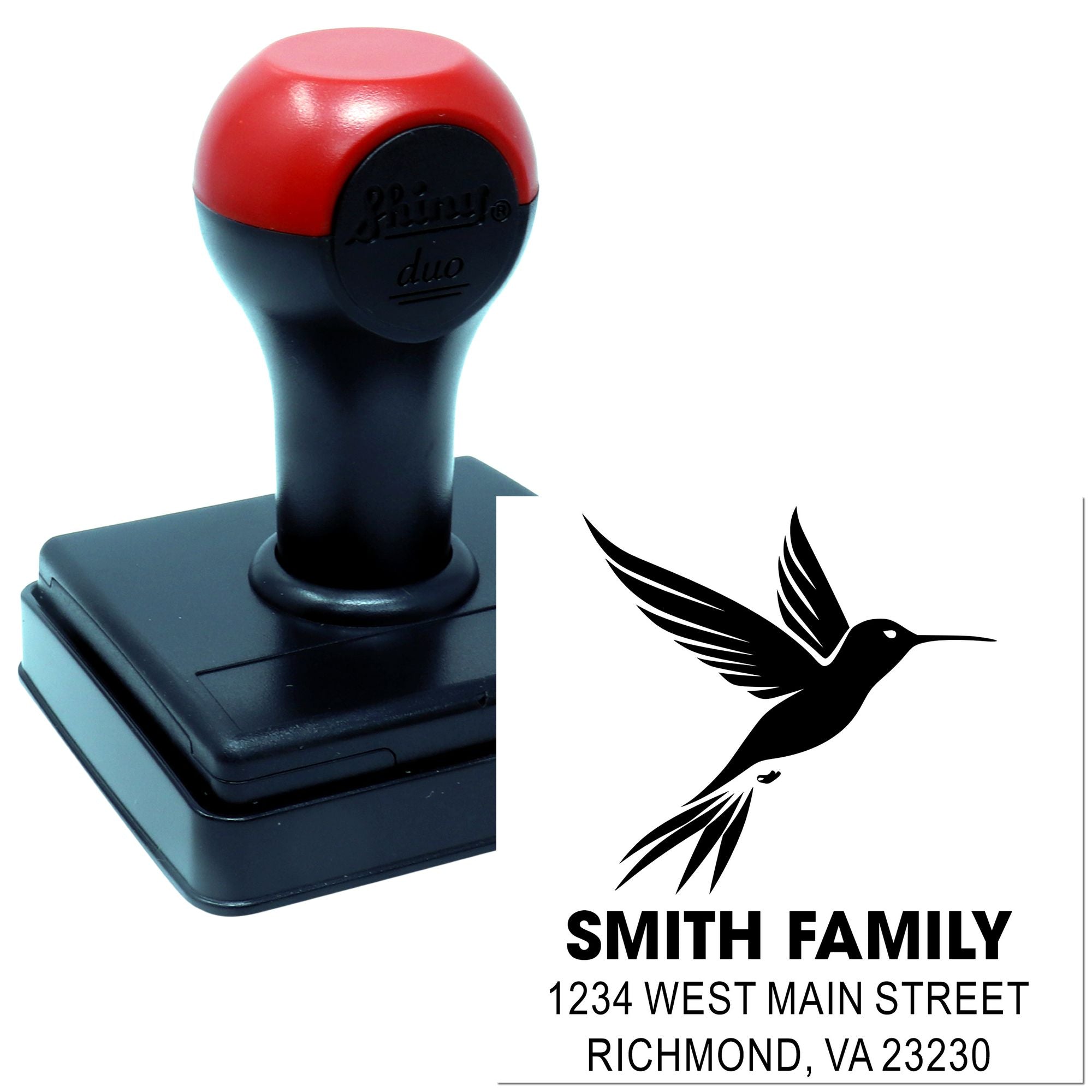Custom self-inking rubber address stamp with hummingbird logo, Smith Family name, and Richmond, VA return address.