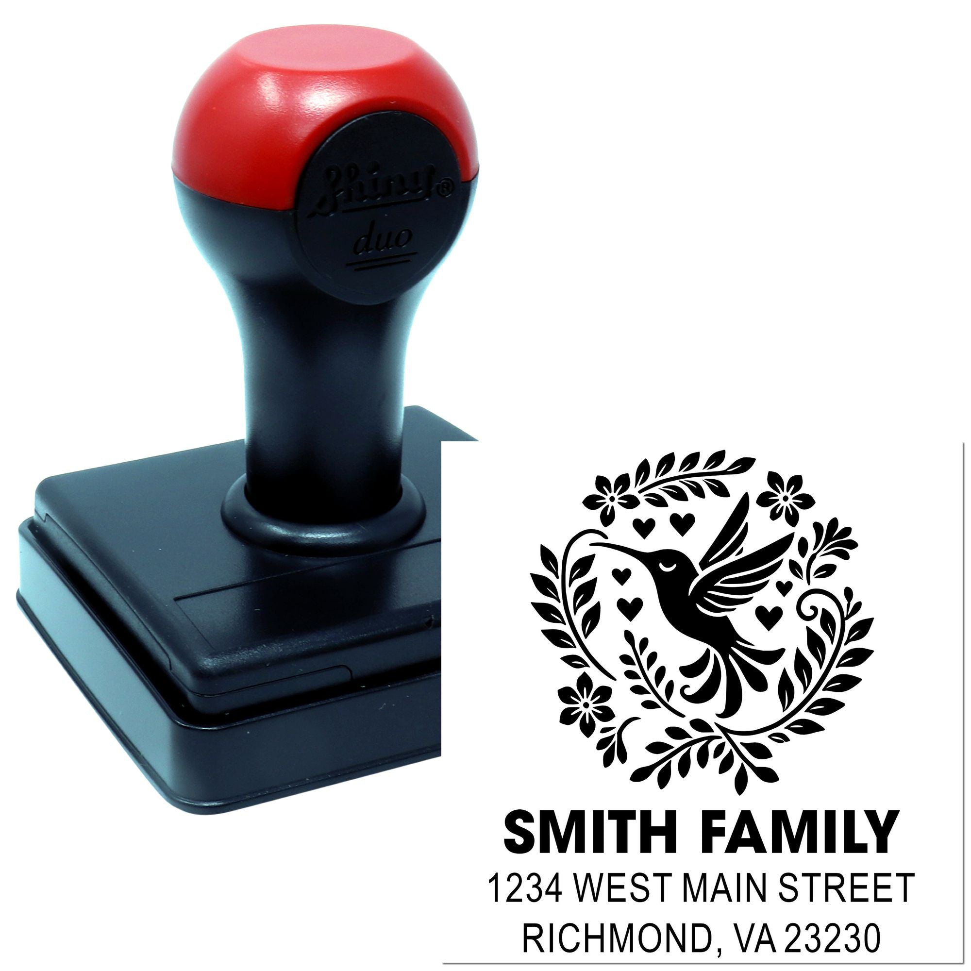 Custom self-inking rubber stamp with hummingbird design and Smith family return address for envelopes, crafts, and mailing.