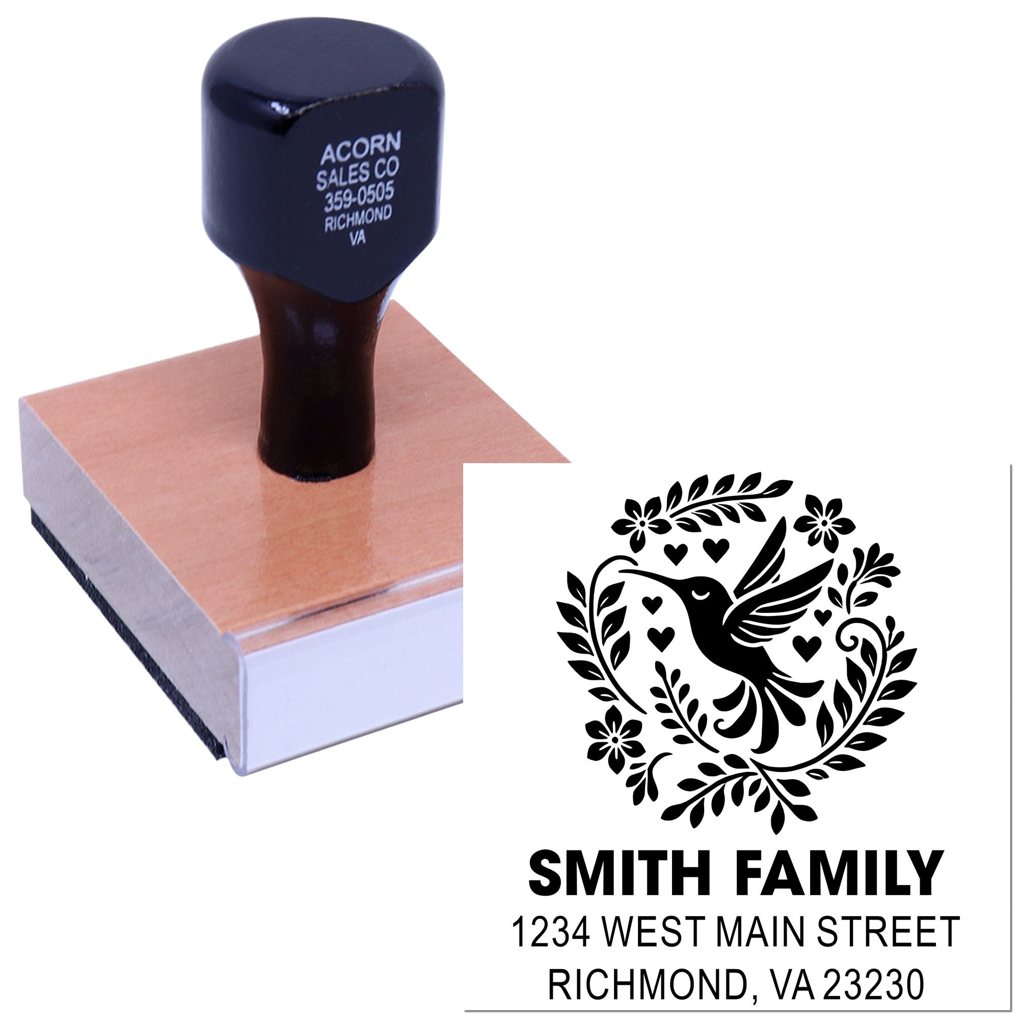 Custom family address rubber stamp with hummingbird design, Smith Family, Richmond, VA return address imprint.