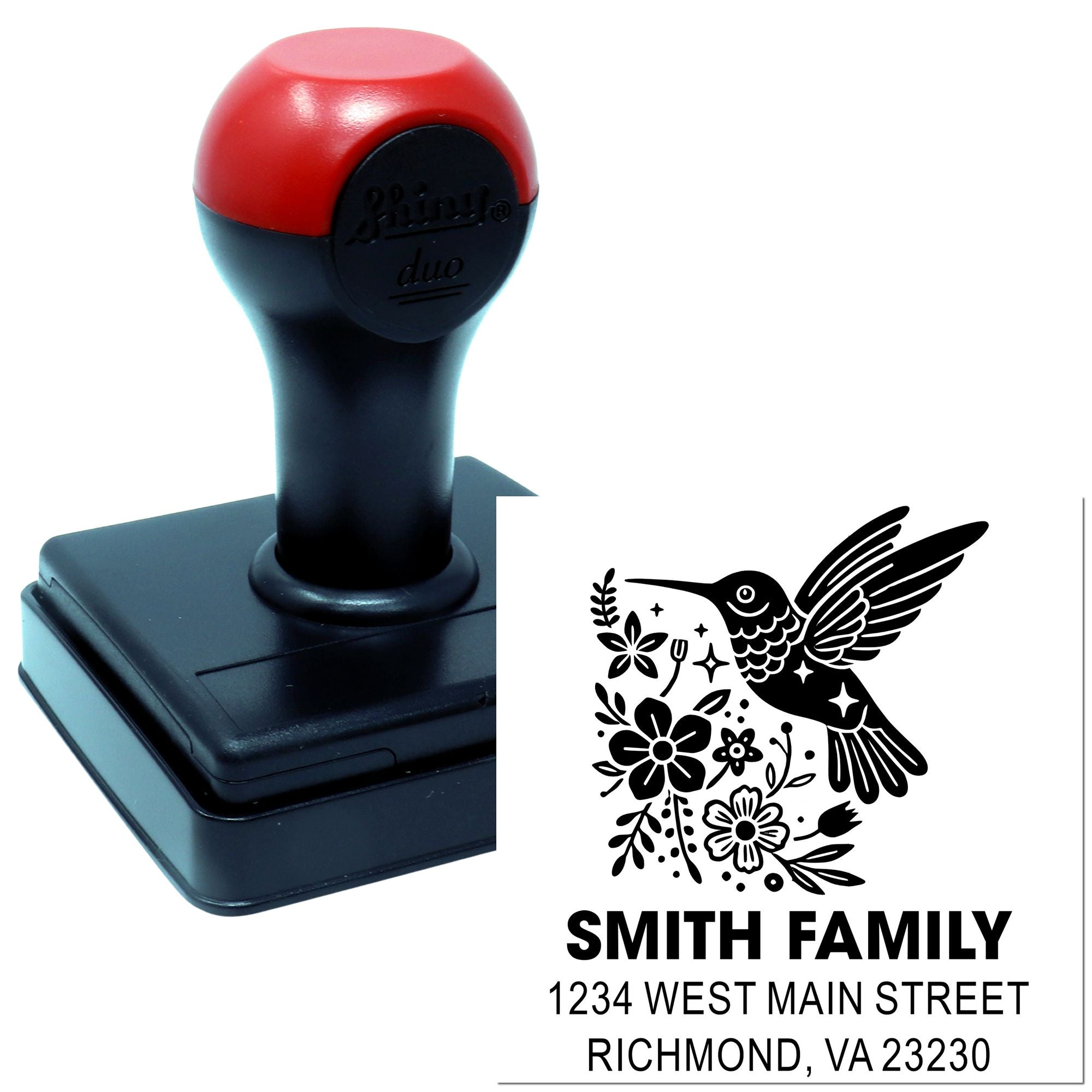Custom self-inking rubber address stamp with hummingbird floral design for Smith Family return mailing.