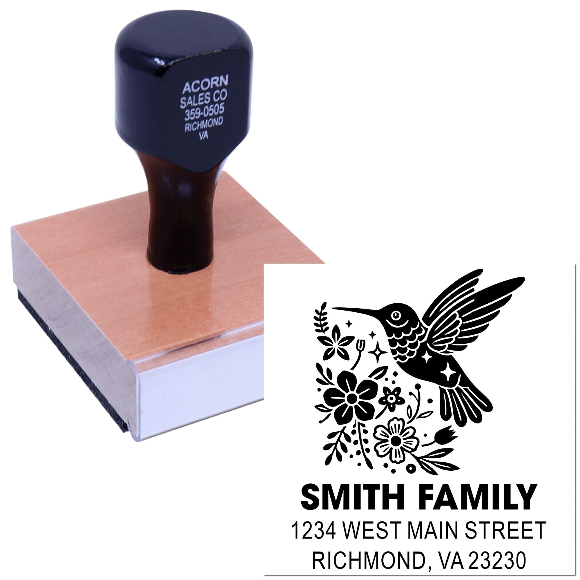 Custom rubber address stamp with hummingbird floral design for personalized family return address and envelopes.