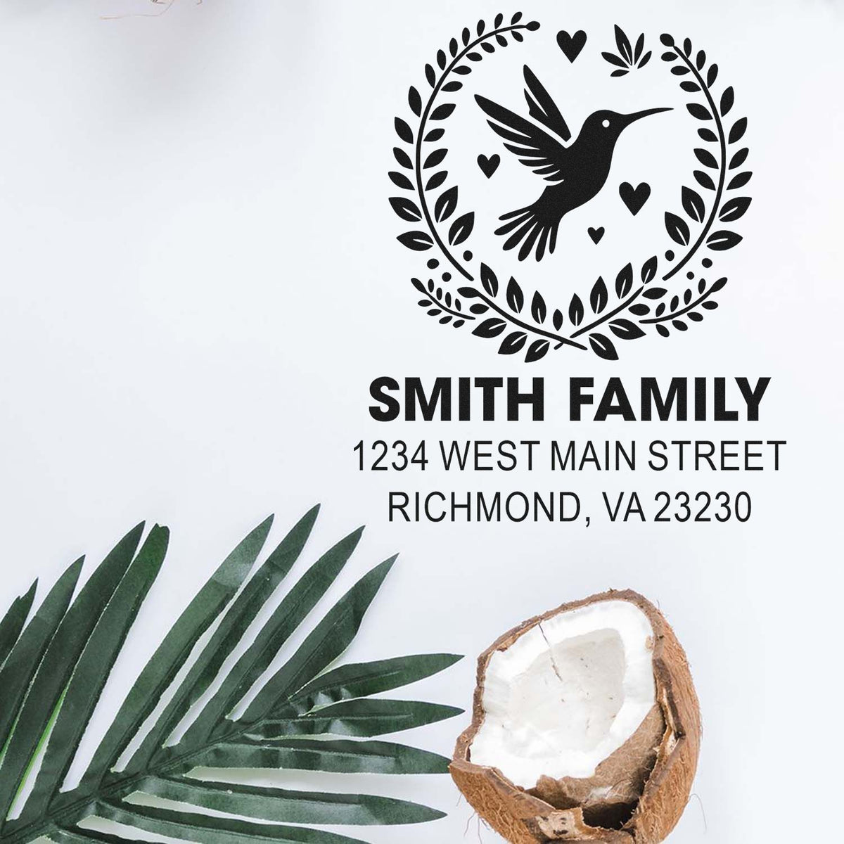 Personalized hummingbird return address rubber stamp with wreath, Smith family name, and Richmond, VA address.