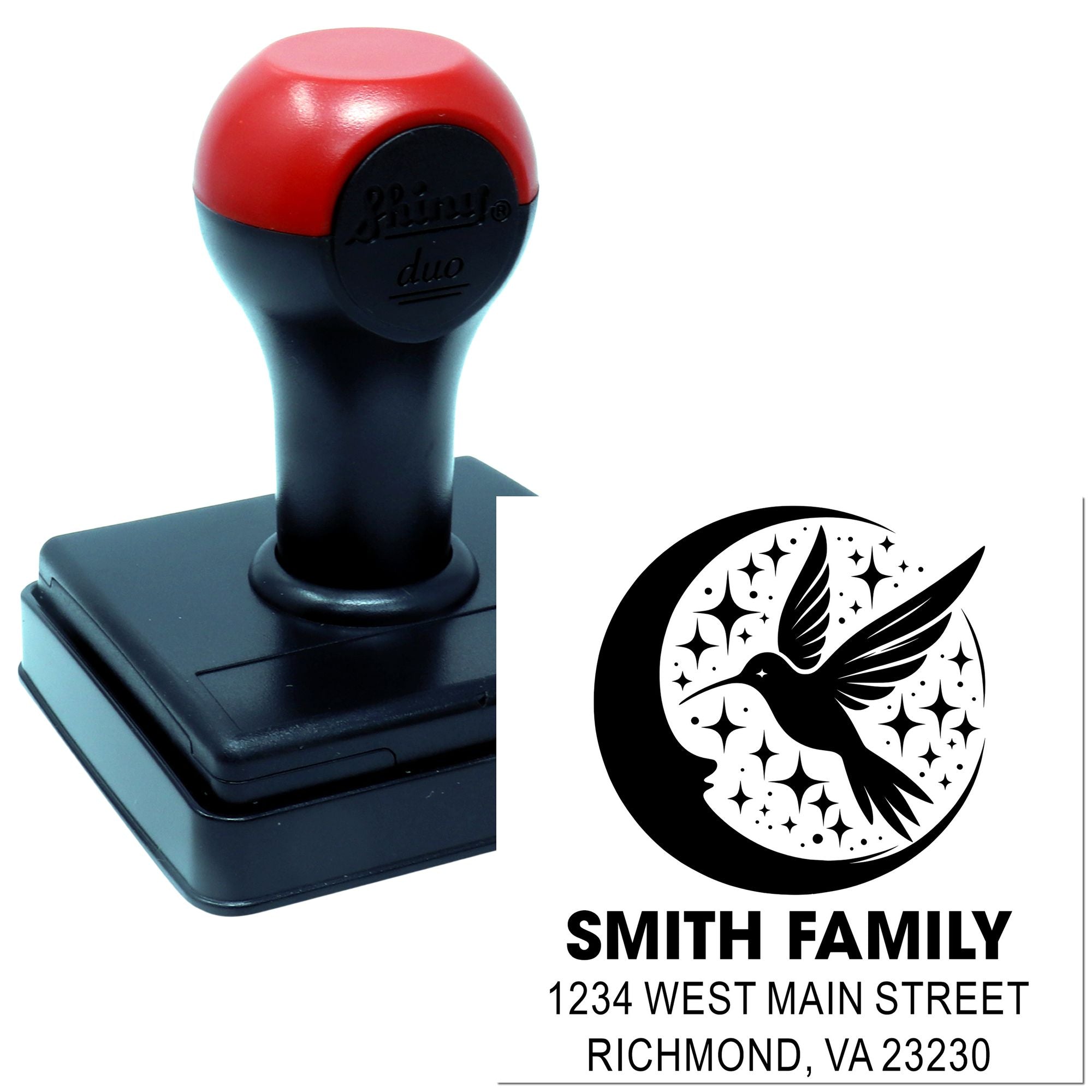 Custom self-inking rubber stamp with hummingbird moon design for family return address imprint