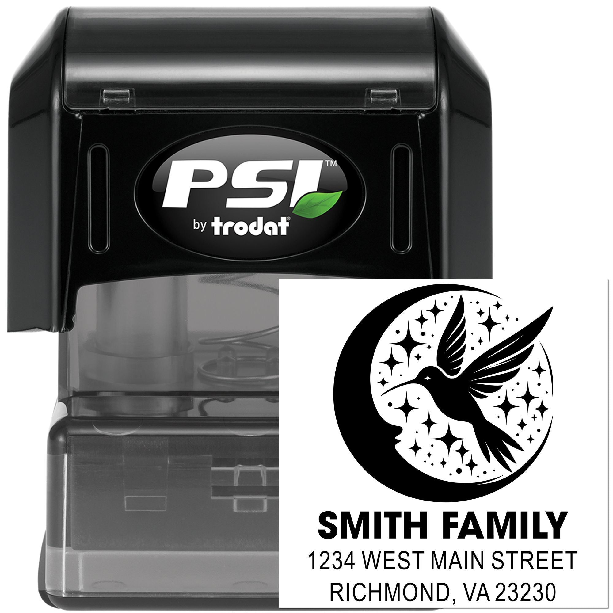 Custom self-inking rubber address stamp by PSI Trodat with hummingbird logo and Smith Family Richmond, VA address.