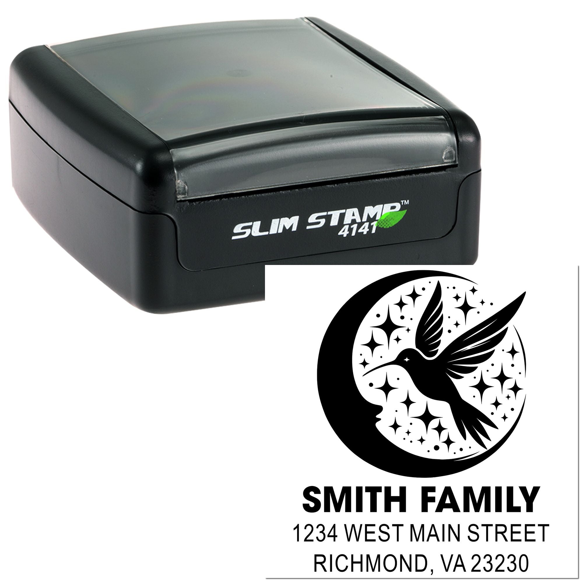 Custom self-inking address stamp for Smith Family, Richmond VA, with hummingbird moon logo.