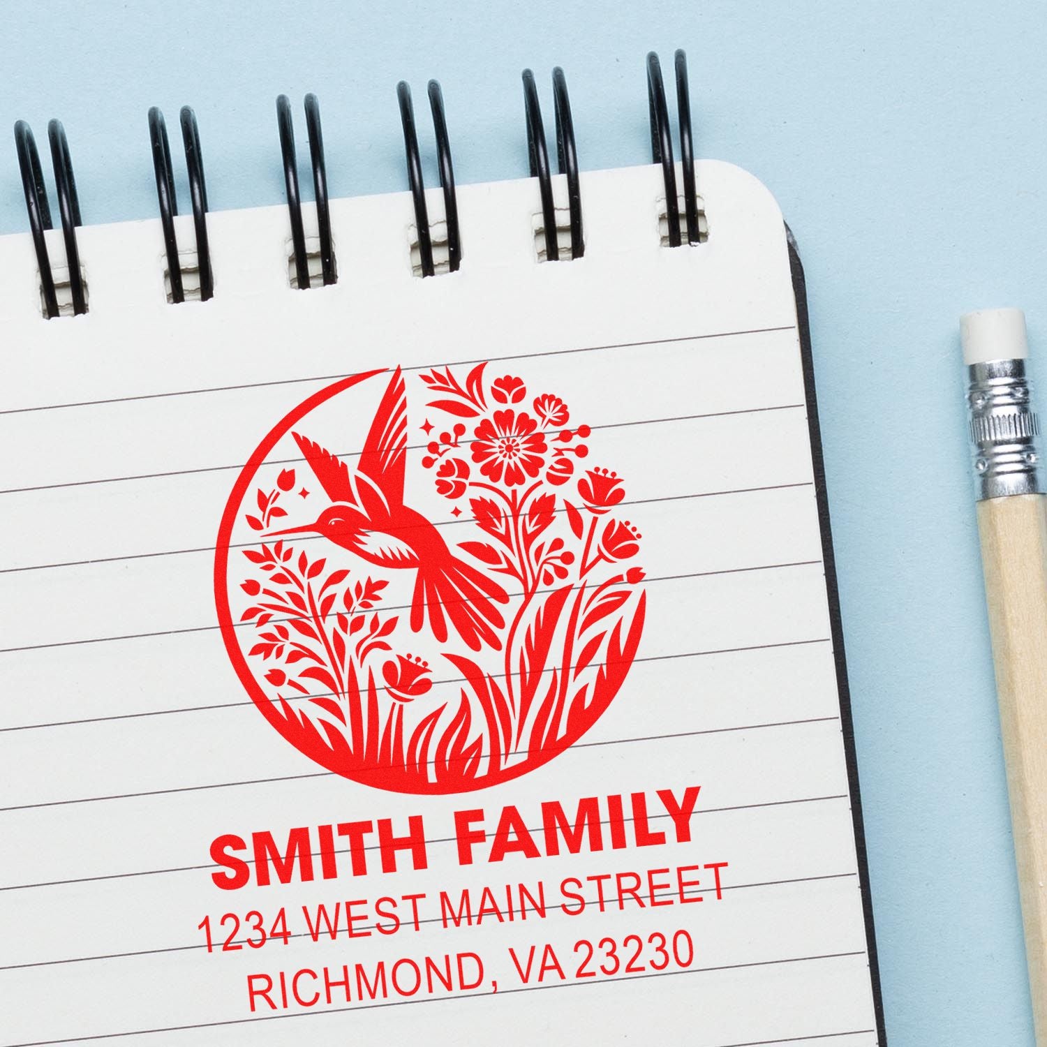 Custom return address rubber stamp with hummingbird floral design for Smith Family, Richmond, VA.