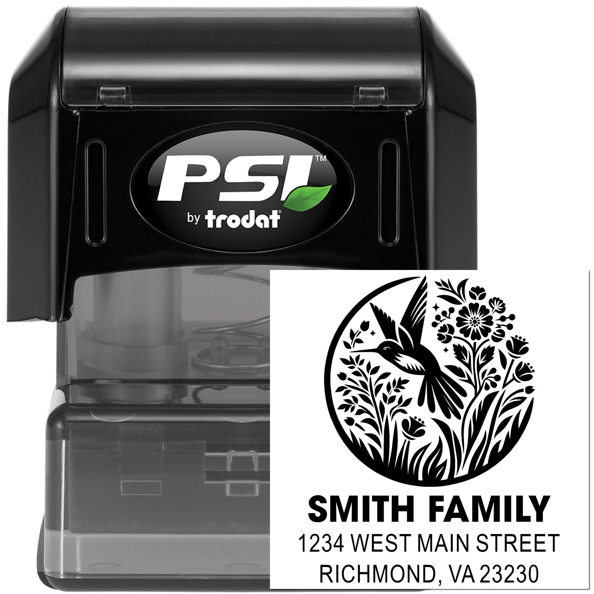 Custom self-inking rubber address stamp with hummingbird floral design, PSI by Trodat, for Smith Family, Richmond VA.