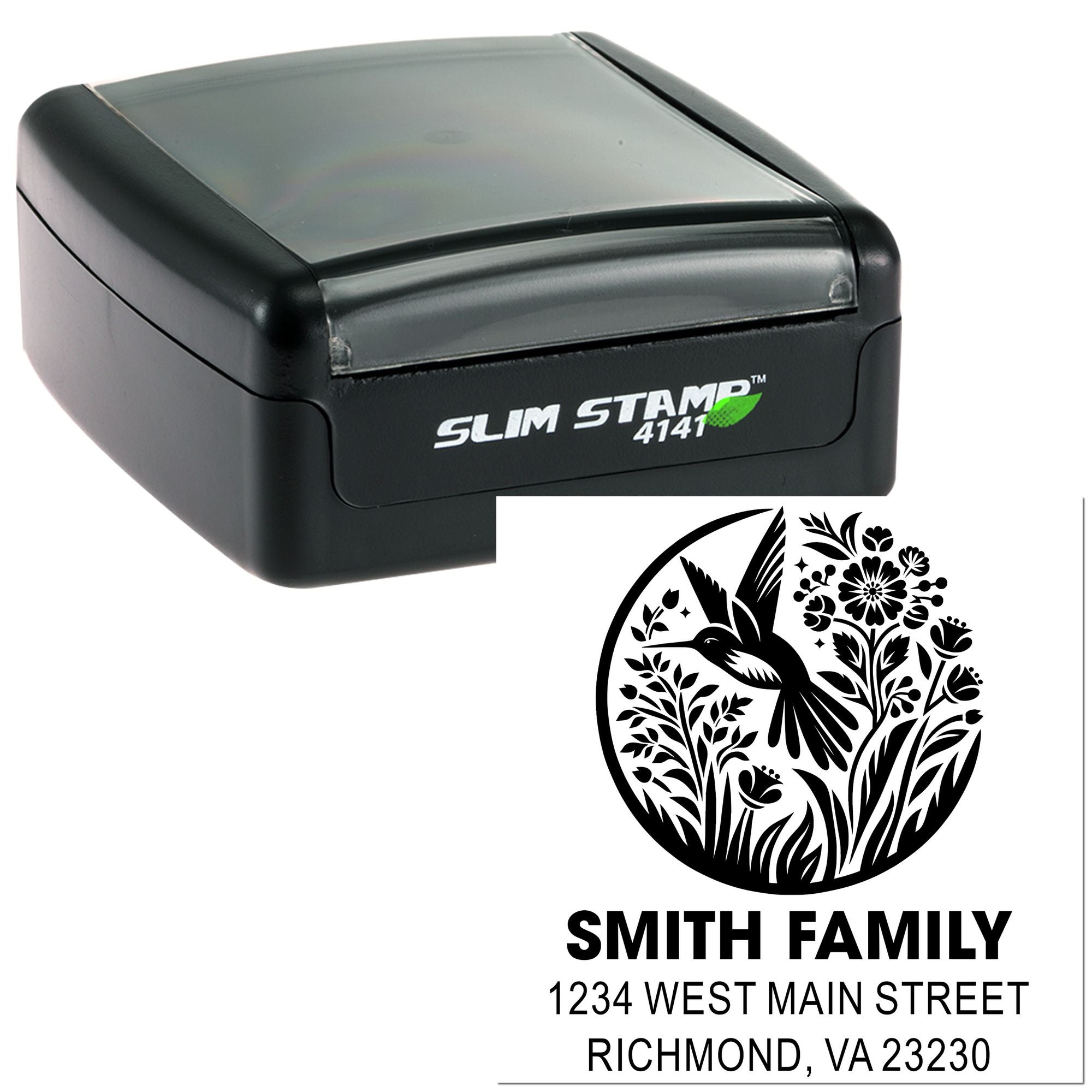 Personalized self-inking rubber return address stamp for Smith Family with hummingbird floral design, Richmond VA 23230