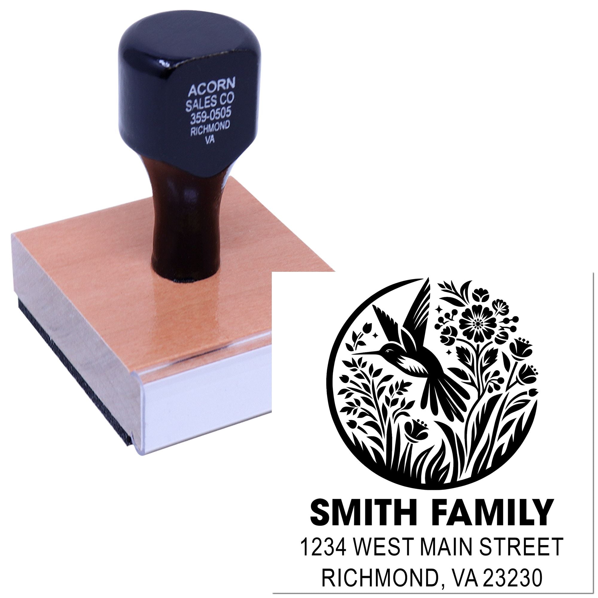 Custom return address rubber stamp with hummingbird floral family design for personalized mailing labels.