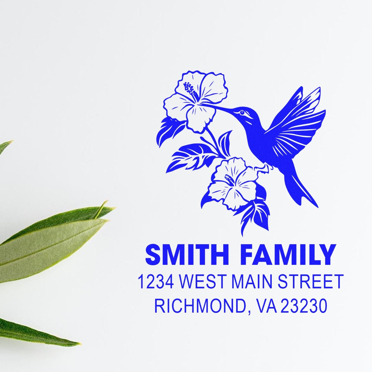 Custom hummingbird hibiscus rubber stamp return address for Smith Family, Richmond VA 23230.
