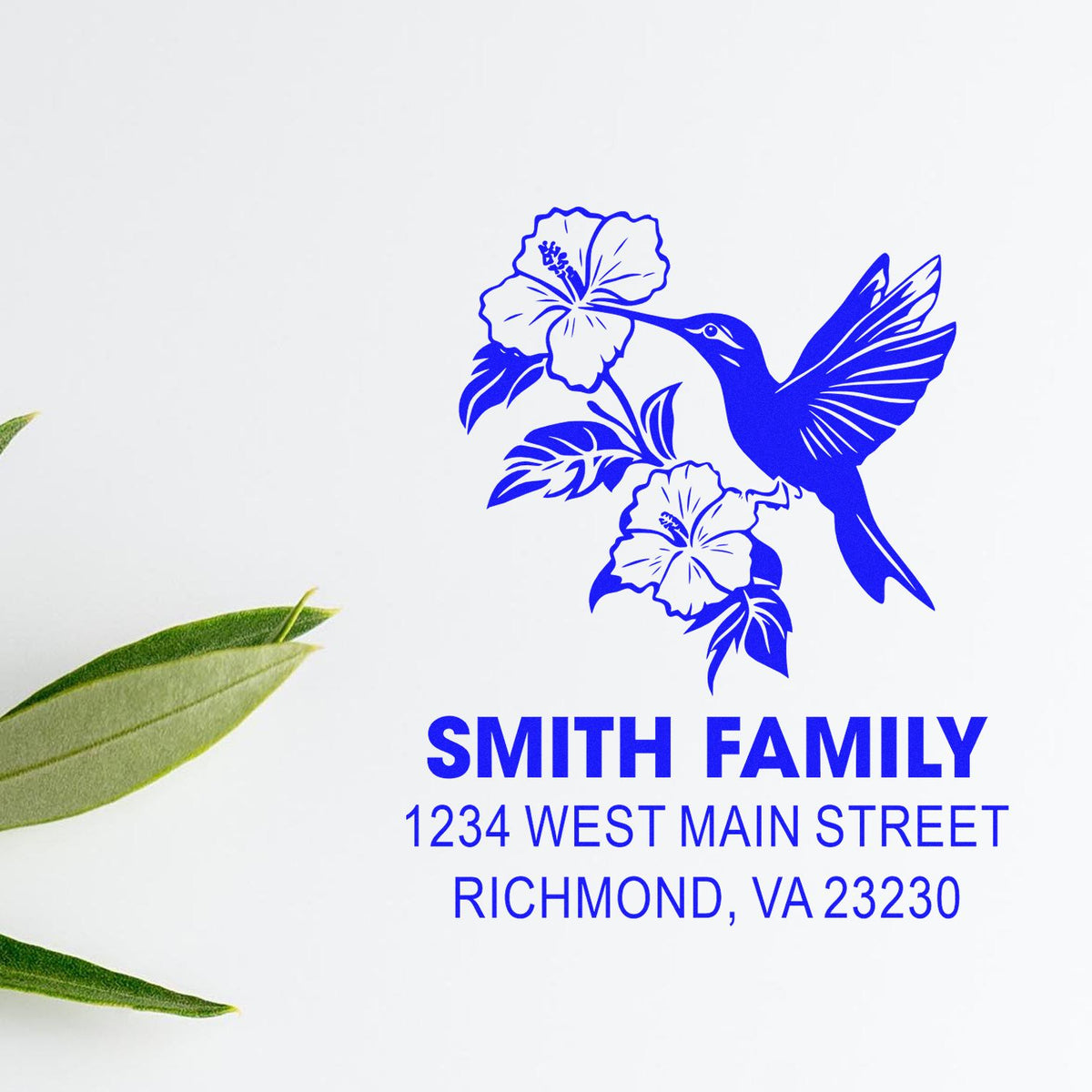 Custom hummingbird floral address rubber stamp for Smith Family, Richmond VA 23230, featuring hibiscus design and return address.
