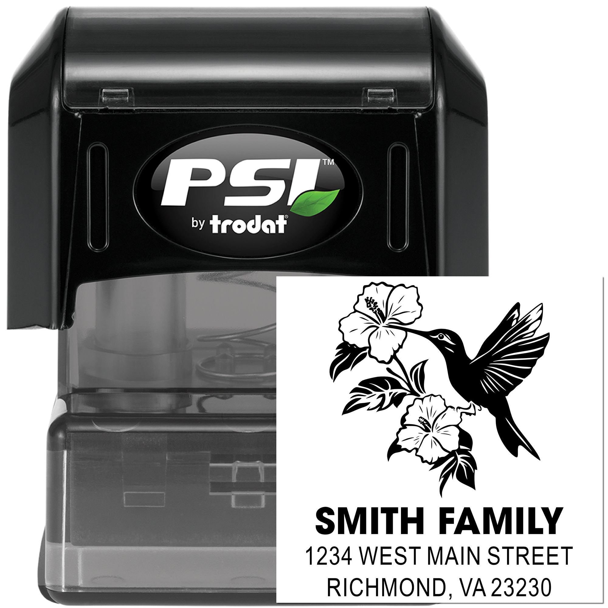 Custom self-inking rubber address stamp with hummingbird floral design and Smith Family return address.