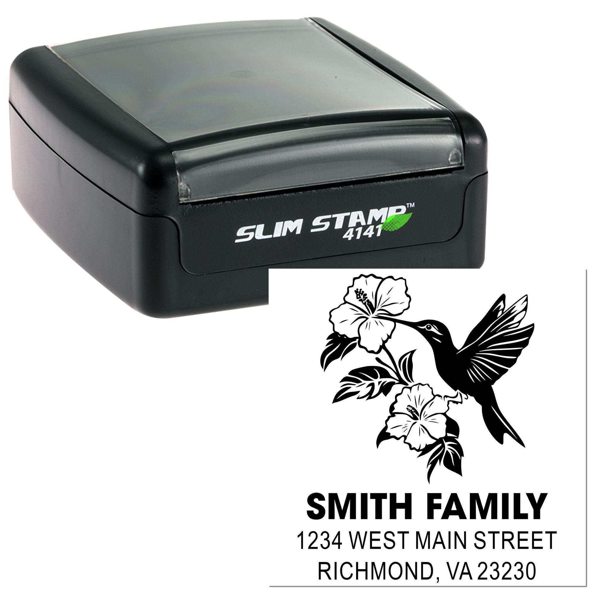 Custom slim rubber stamp for return addresses, featuring a hummingbird floral design and Smith Family address imprint.