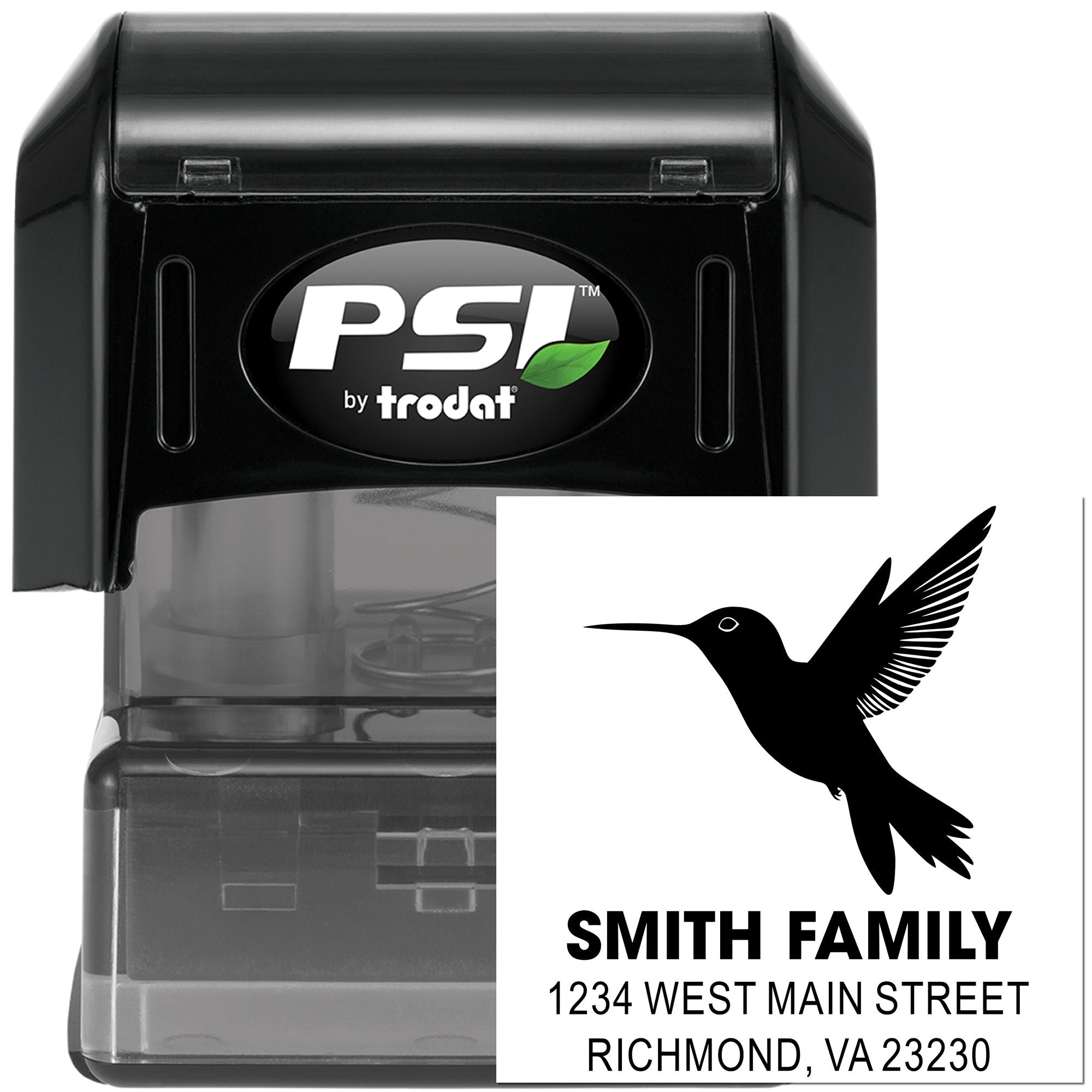 Custom self-inking rubber address stamp by PSI Trodat with hummingbird logo for Smith Family return address.