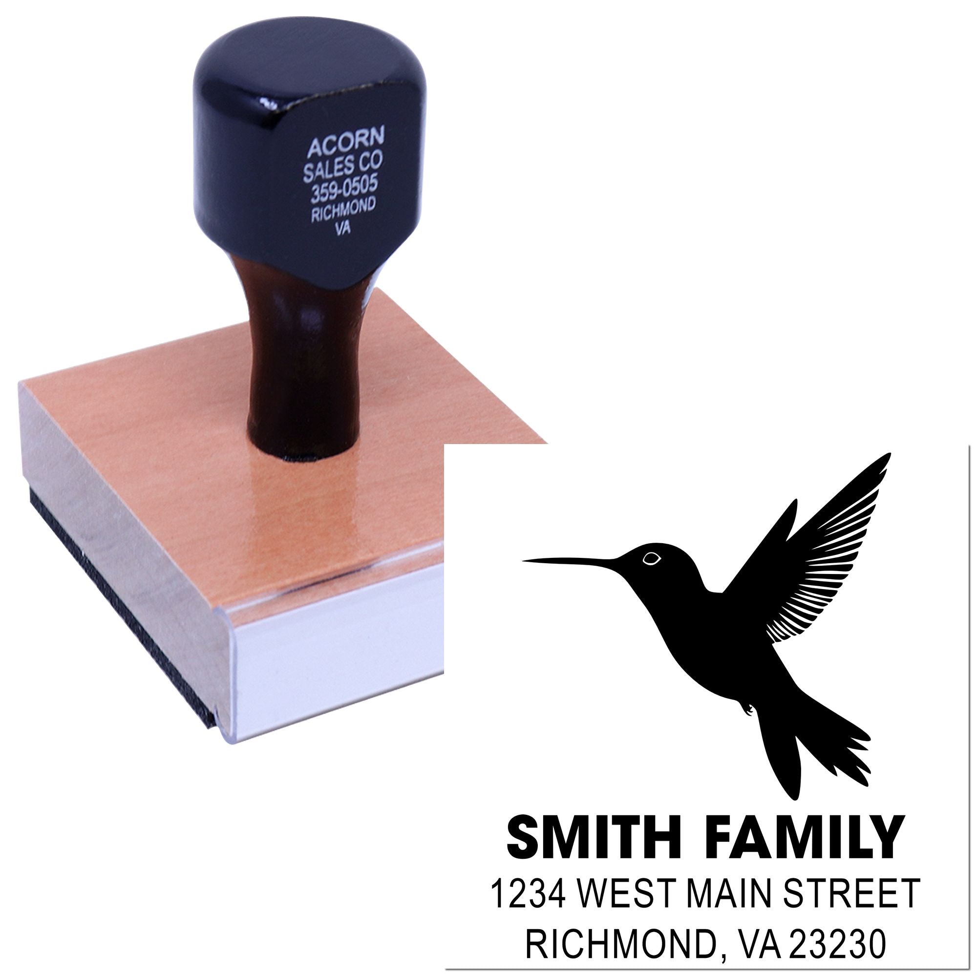 Custom rubber stamp with hummingbird logo and Smith Family return address for personalized mailing and branding.