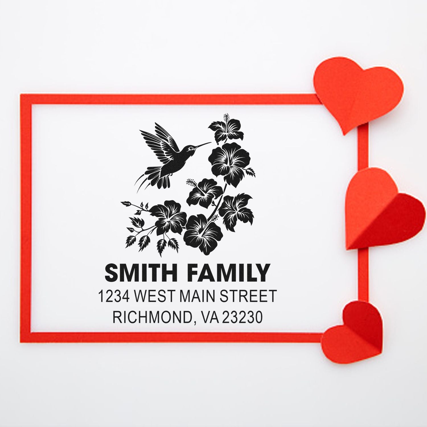 Custom family address rubber stamp with hummingbird and hibiscus floral design, Smith Family, Richmond VA return address