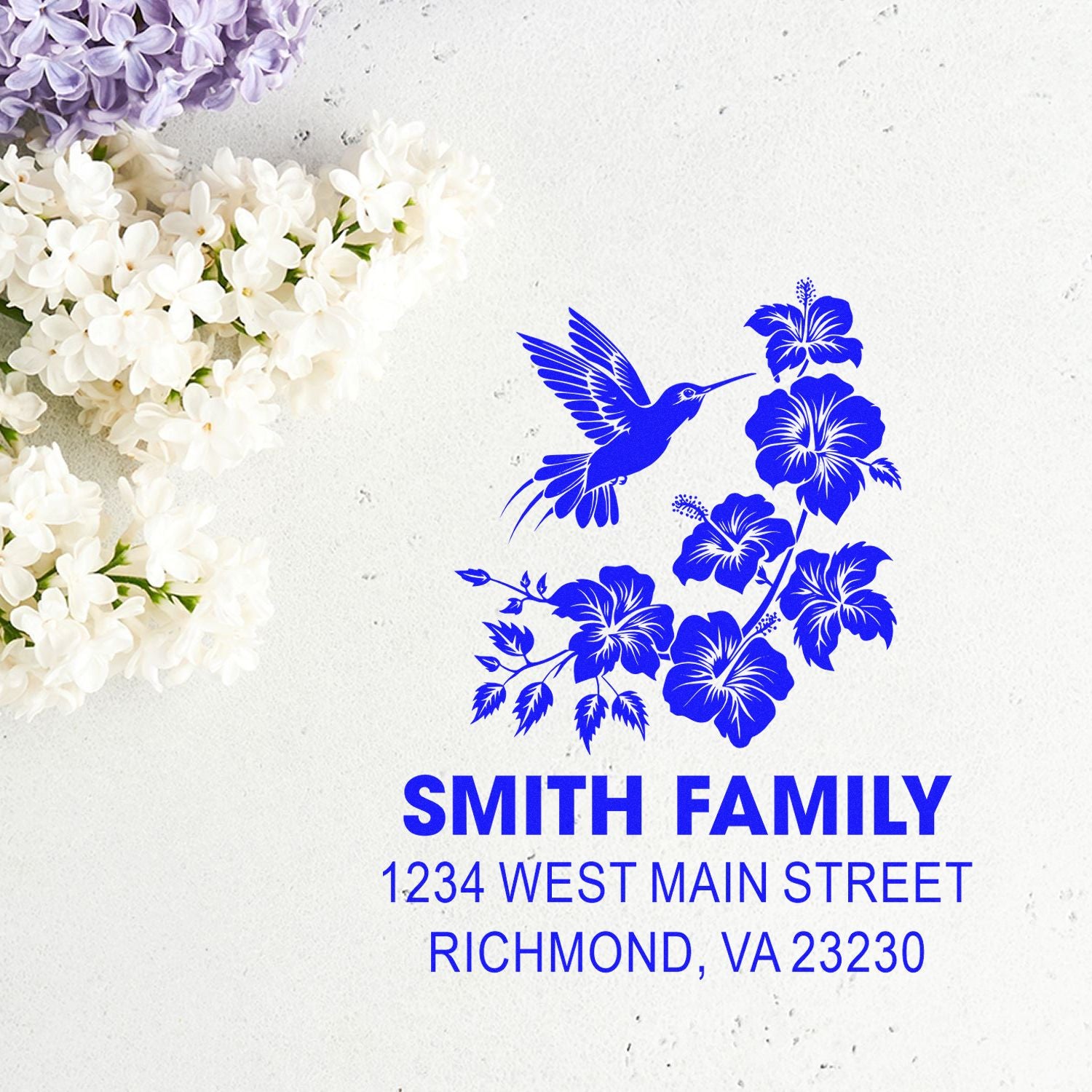 Custom family address rubber stamp with hummingbird and hibiscus flowers for Smith Family, Richmond VA mailing labels.