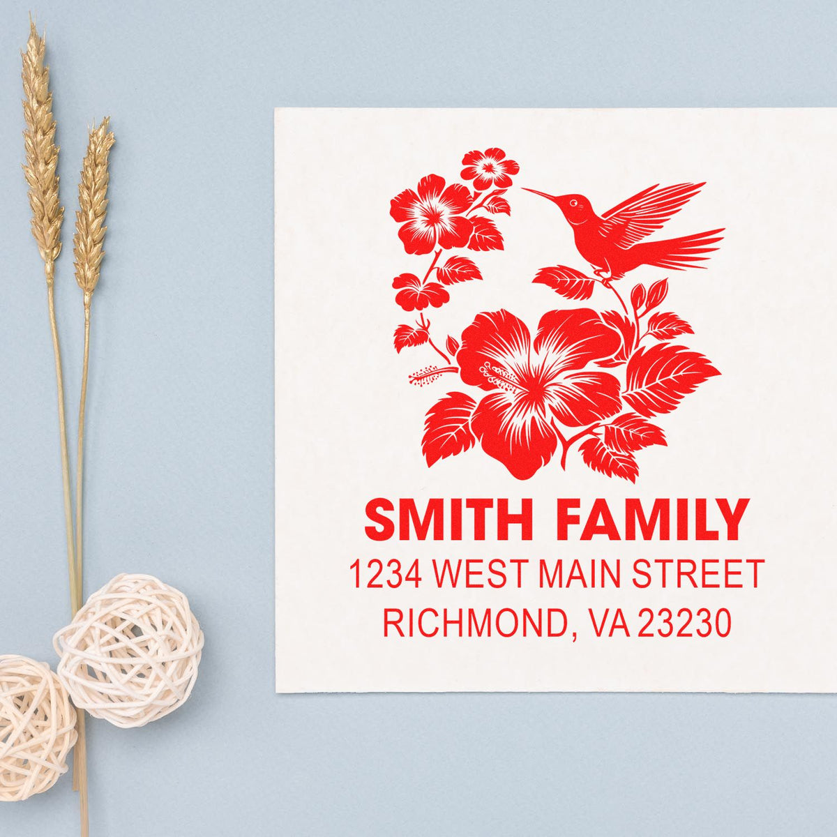Custom return address rubber stamp with hibiscus and hummingbird design for personalized Smith family mailings