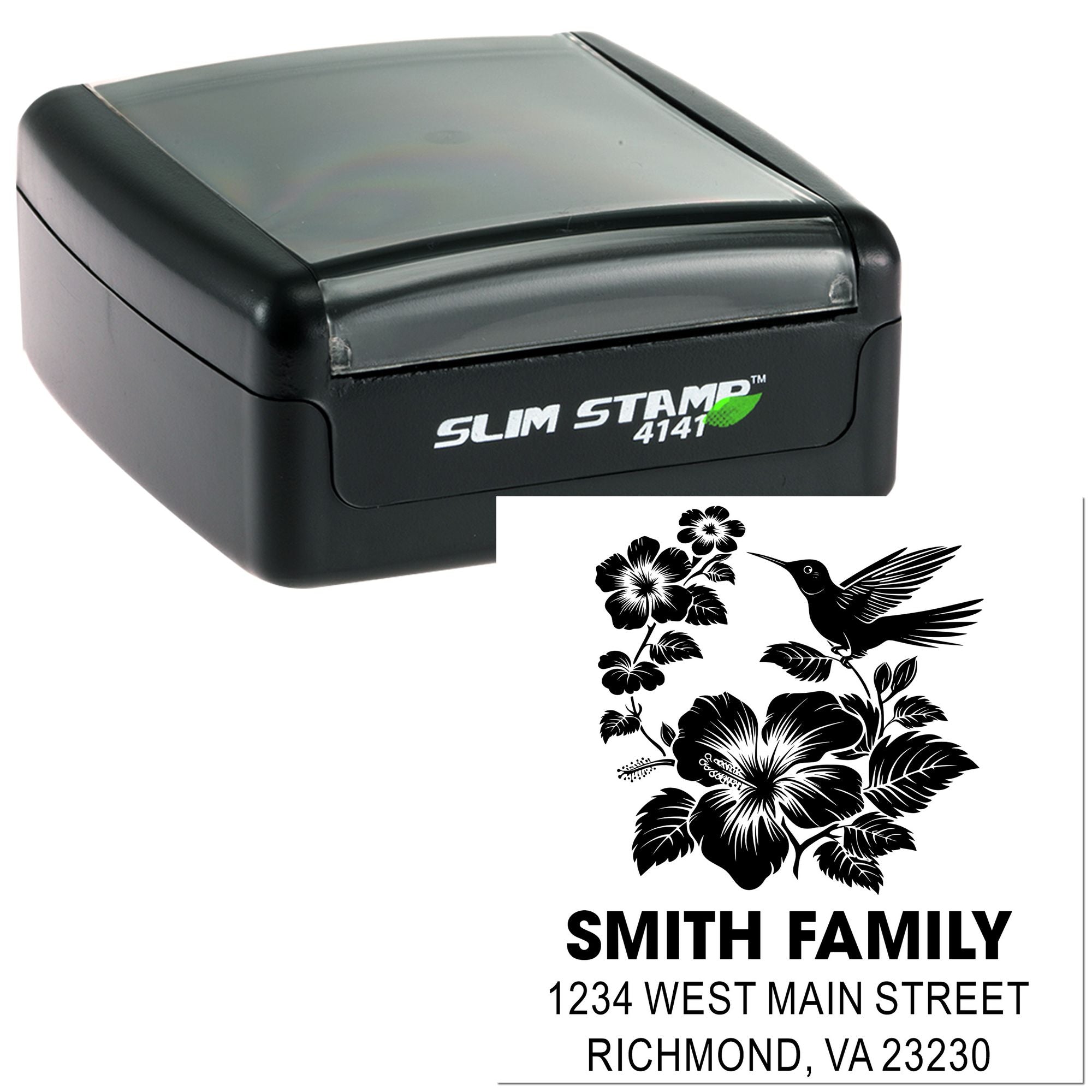 Custom self-inking rubber address stamp with floral hummingbird design and Smith Family return address