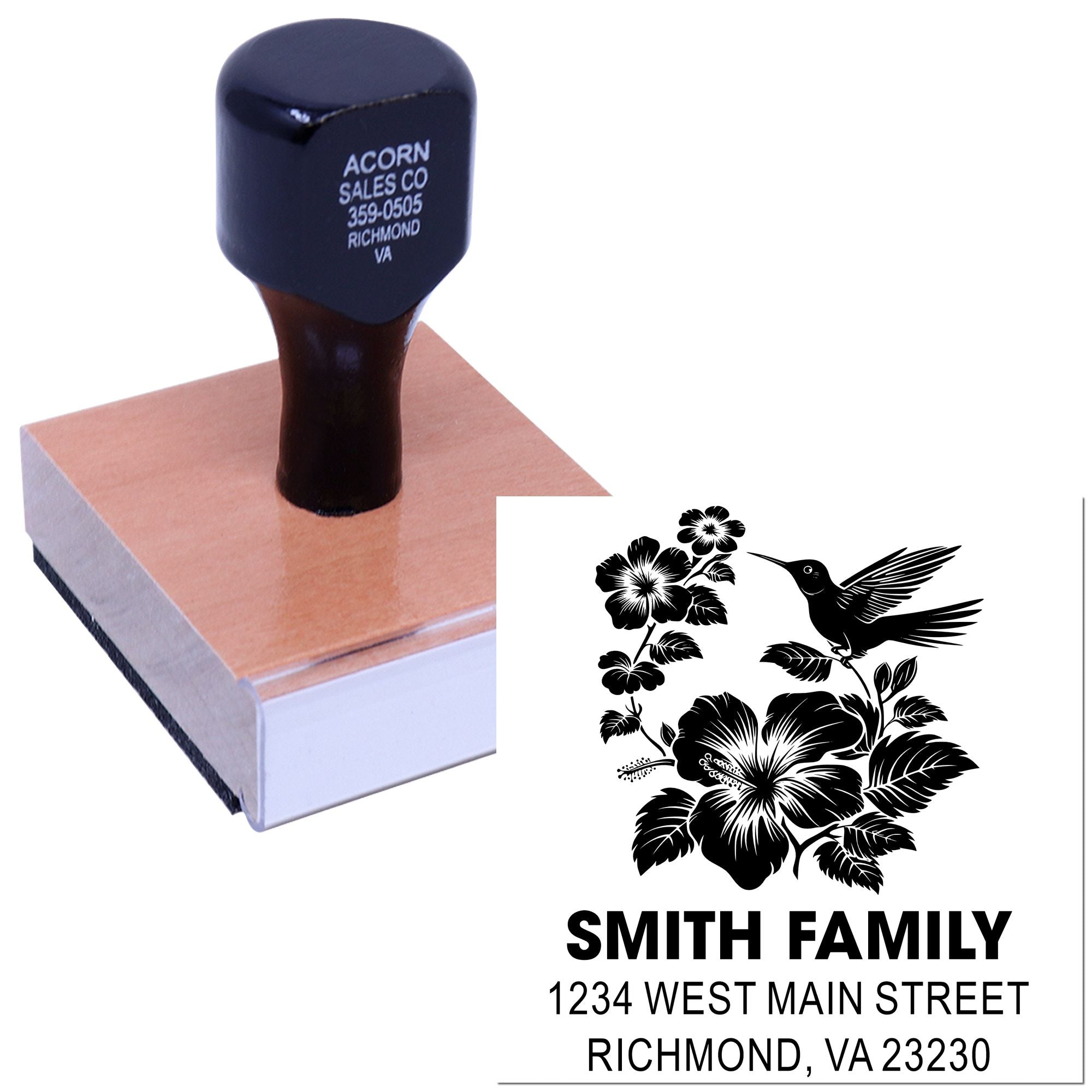 Personalized rubber return address stamp with floral hummingbird design for Smith Family, Richmond, VA.