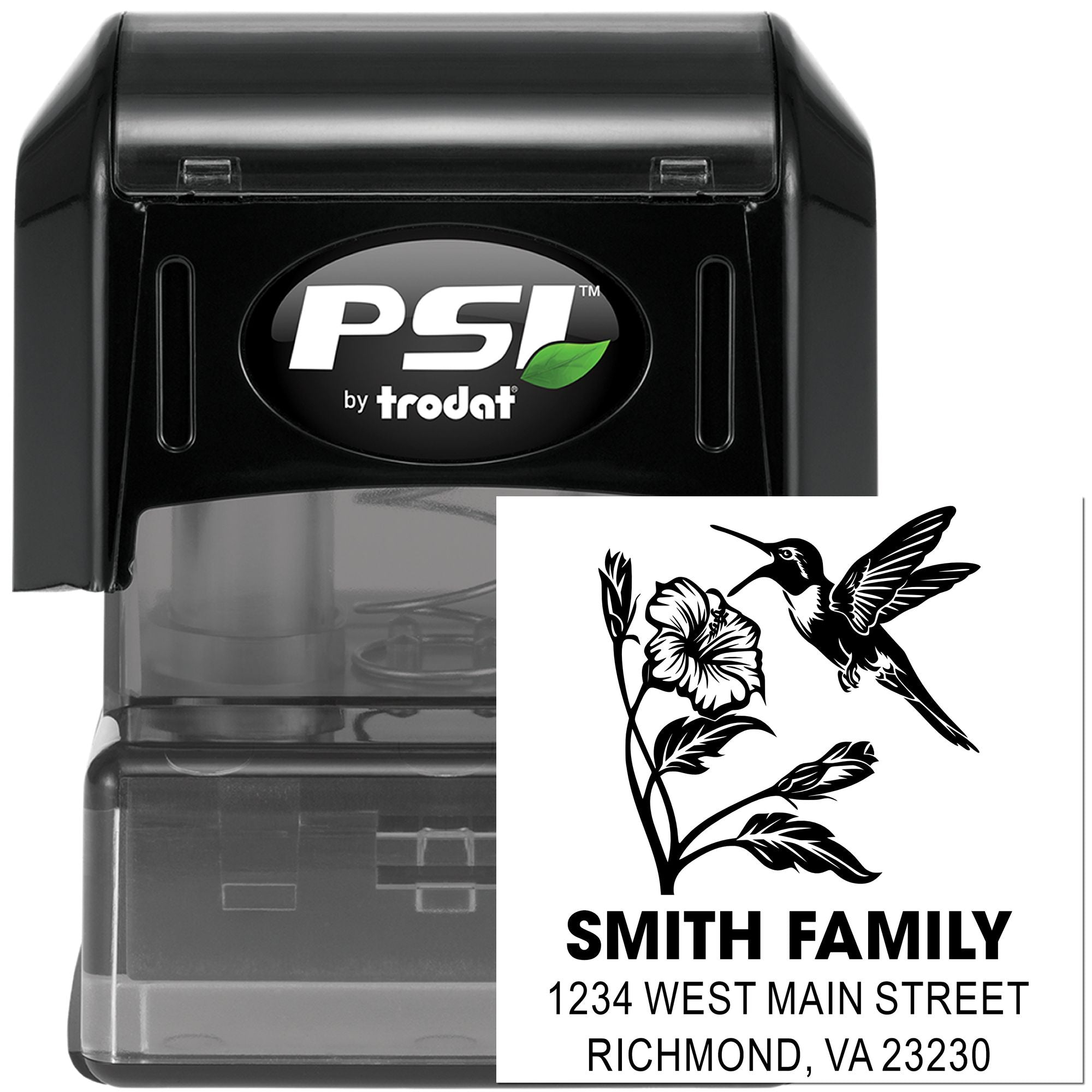 Custom self-inking rubber stamp with hummingbird floral return address for Smith Family, Richmond VA.